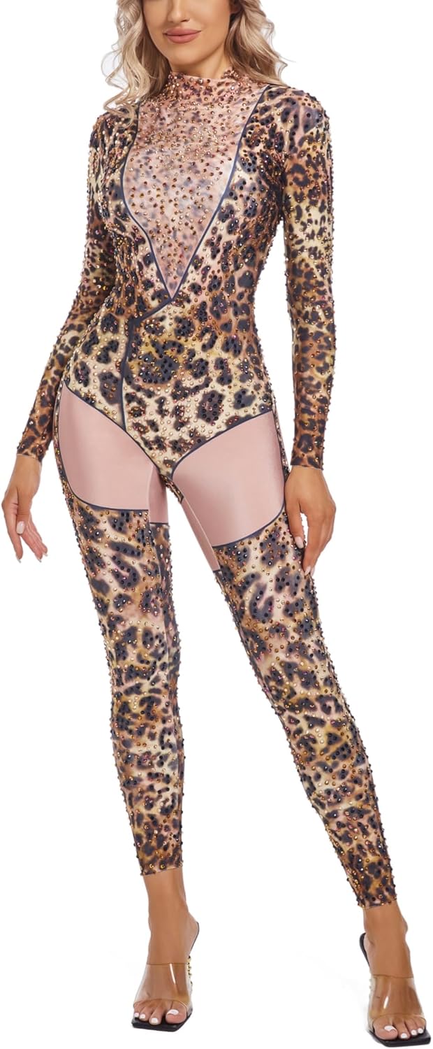 Sparkly Rhinestone Print Leopard Jumpsuit for Women Cheerleader Party Birthday Costume Drag Queen Pole Dance Festival Outfit