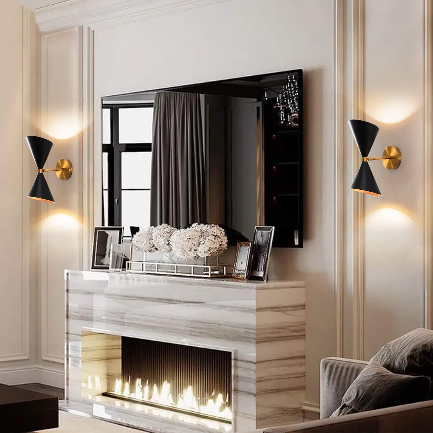 2-Light Mid Century Wall Sconce, Modern Wall Light Matte Black and Gold for Bedroom, Industrial Vanity Light Fixture Indoor for Living Room Bathroom Loft Foyer Entry Porch, E26