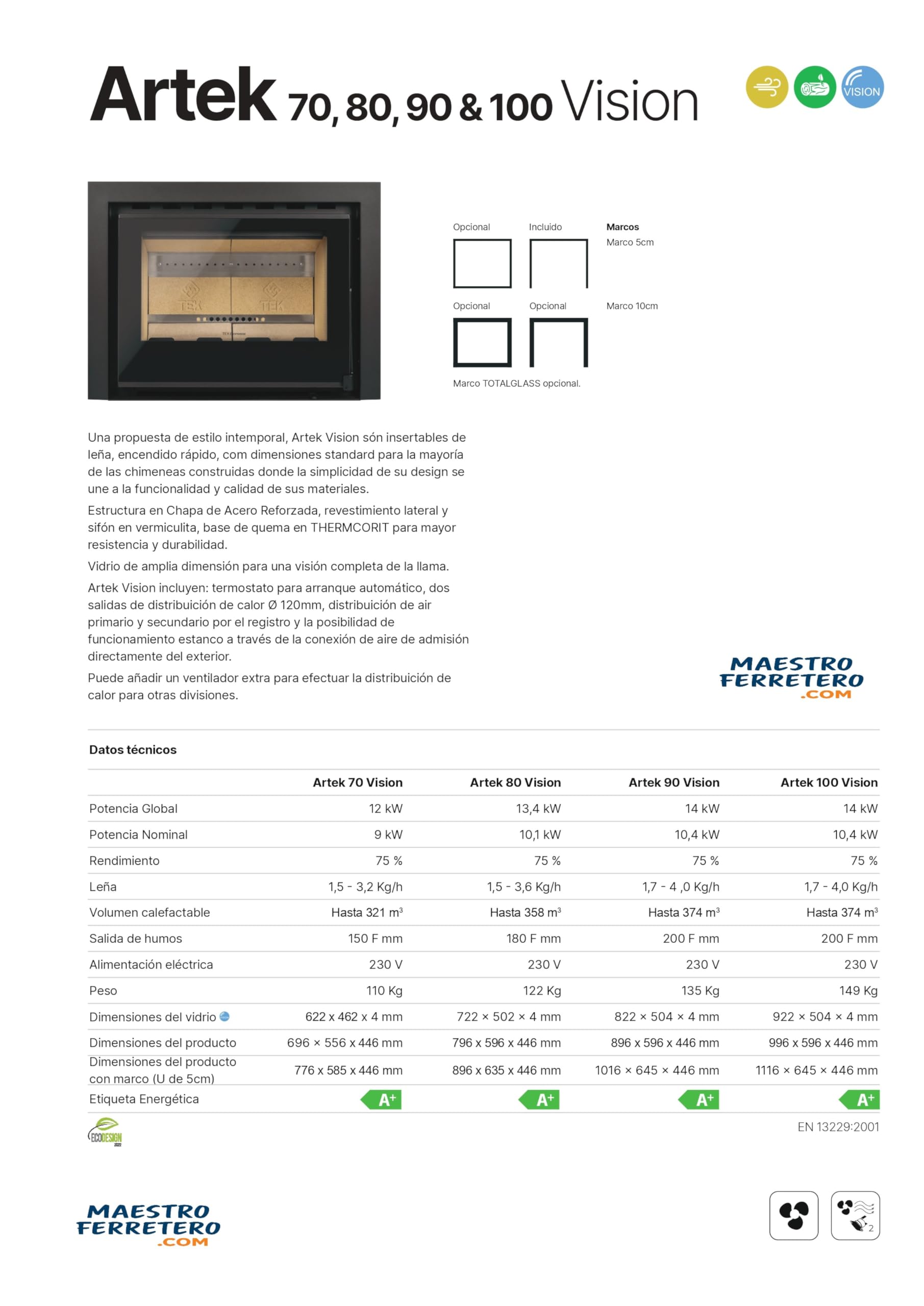 Insertable de leña Artek Vision 90 – Recuperador de calor 10,4 kW Rendimiento 75% Calienta hasta 374 m³ Acero reforzado Vermiculita Cristal panorámico