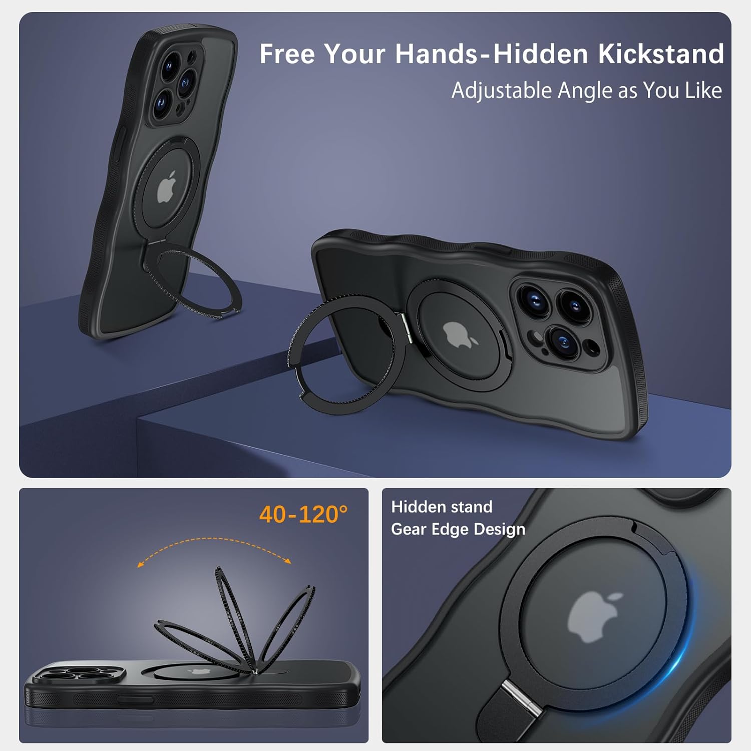 BENTOBEN Magnetic for iPhone 14 Pro Max Case with Invisible Stand [Compatible with Magsafe] Cute Curly Wavy Matte Phone Case iPhone 14 Pro Max Slim Fit Ring Kickstand Shockproof Women Men Cover, Black - Image 4