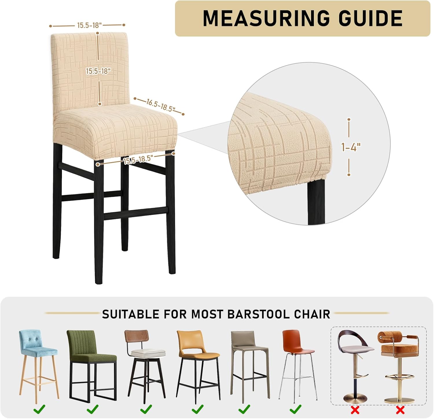 JIUZHEN Bar Stool Covers Set of 6 Velvet Barstool Seat Covers Washable Stretch Counter Height Chair Slipcovers for Kitchen Dining Room Rectangular Pub Stool Cover Removeable, Camel