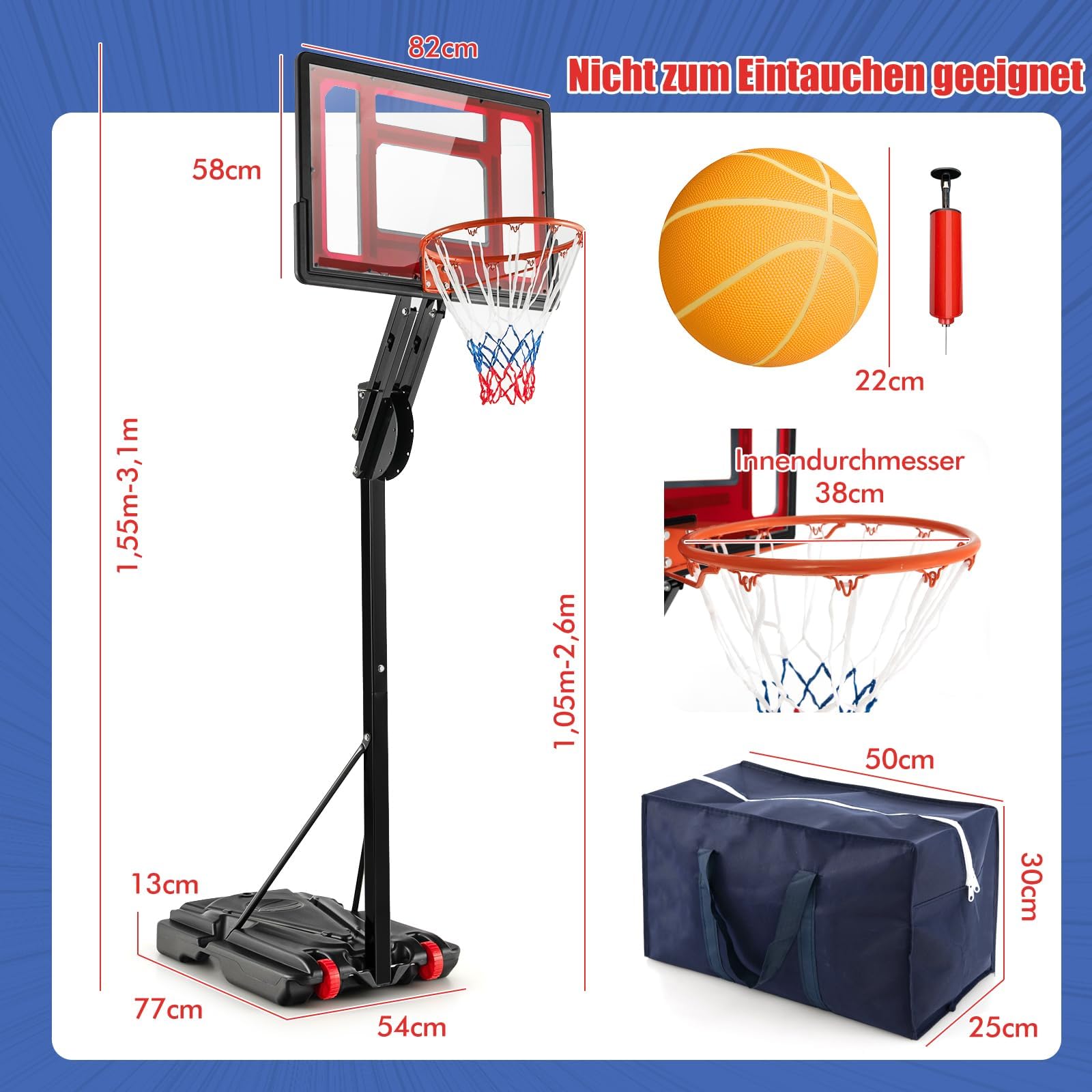 COSTWAY Basketballständer 105-260 cm höhenverstellbar, Basketballkorb Outdoor mit Ständer & 2 Rädern, Korbanlage mit Gewichtssack, Mobile Basketballanlage für Kinder, Jugendliche