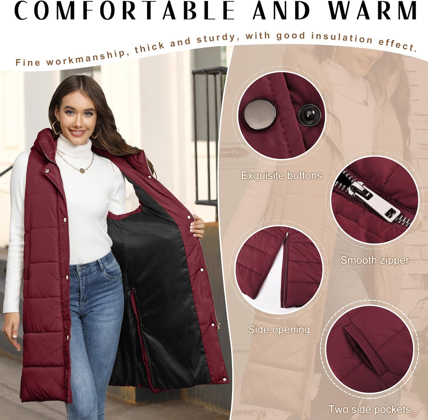 Long Puffer Vest Women Quilted Hooded Vest Zip Up Sleeveless Vests Outerwear Padded Jacket Warm Winter Coat 2025 - Image 6