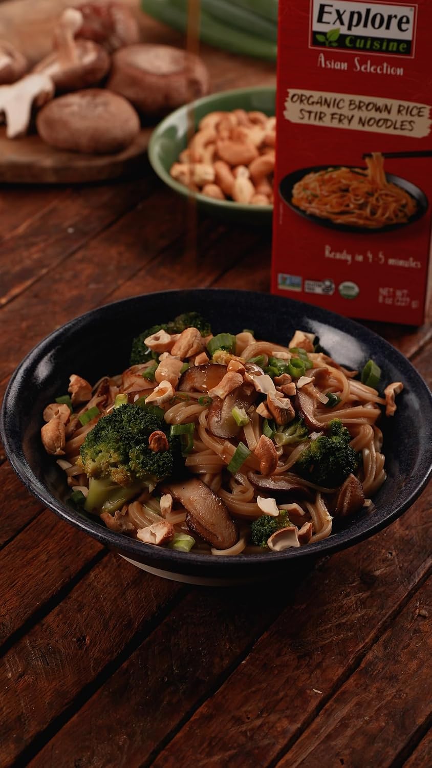 Explore Cuisine Organic Brown Rice Stir Fry Noodles - 8 oz, Pack of 10 - Easy-to-Make Noodles - Gluten Free - 40 Total Servings