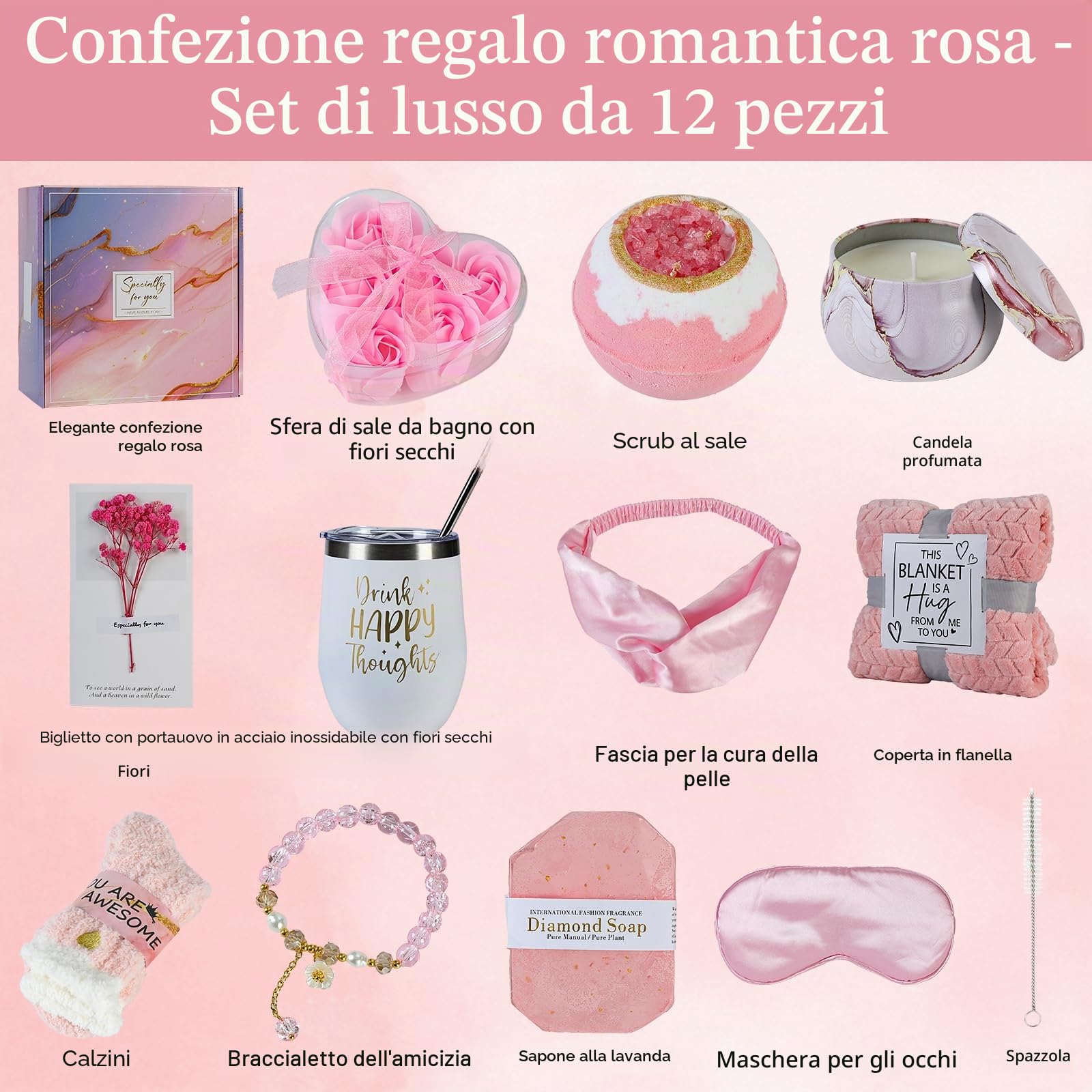 Regalo Donna Compleanno,Set Cofanetto Regalo Donna con Coperta Flanella, per Amiche,Mamma e Sorella,Regali Natale Regalo San Valentino,12 Pezzi