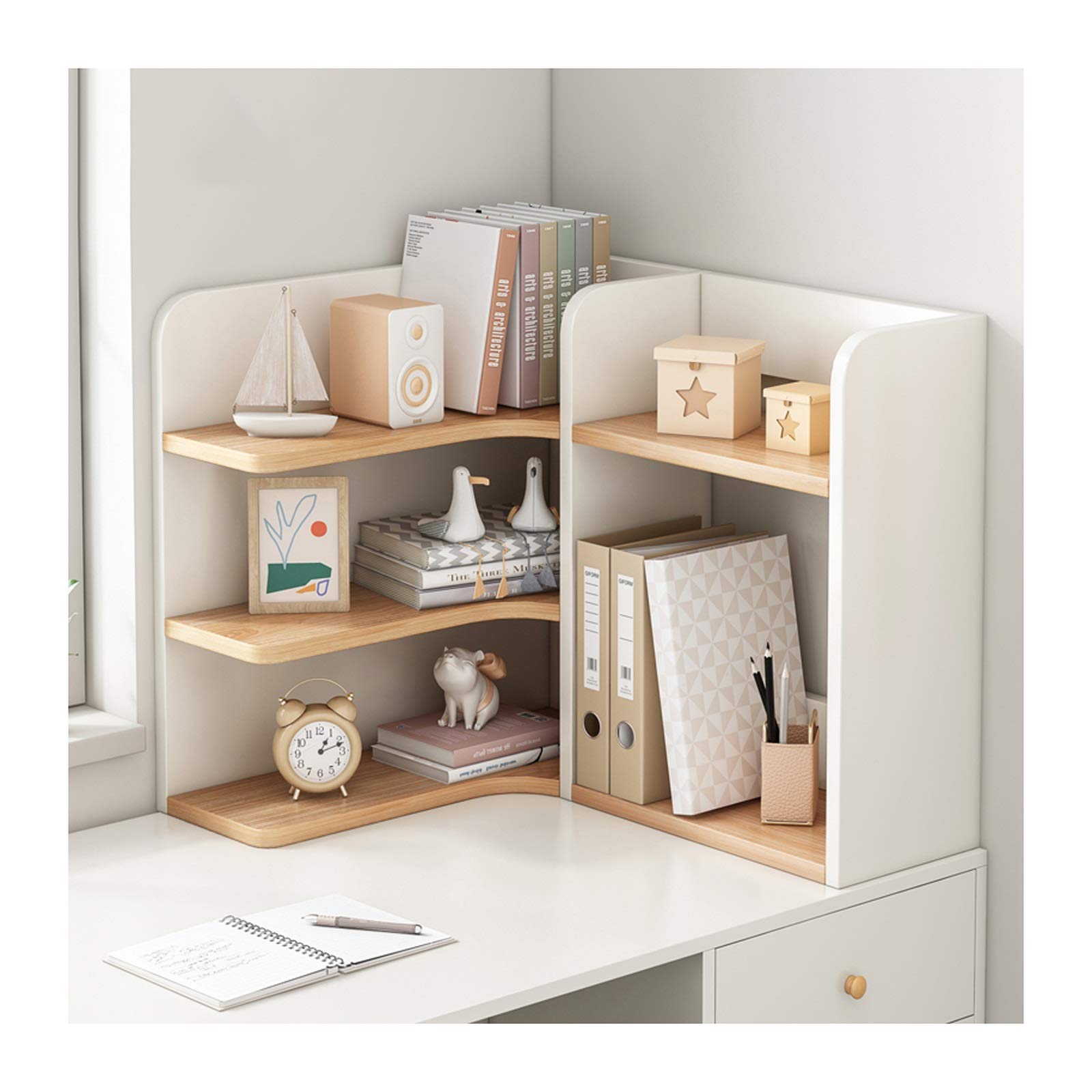 Estantería de mesa para eliminar el desorden de cables y libros con sus tres estantes