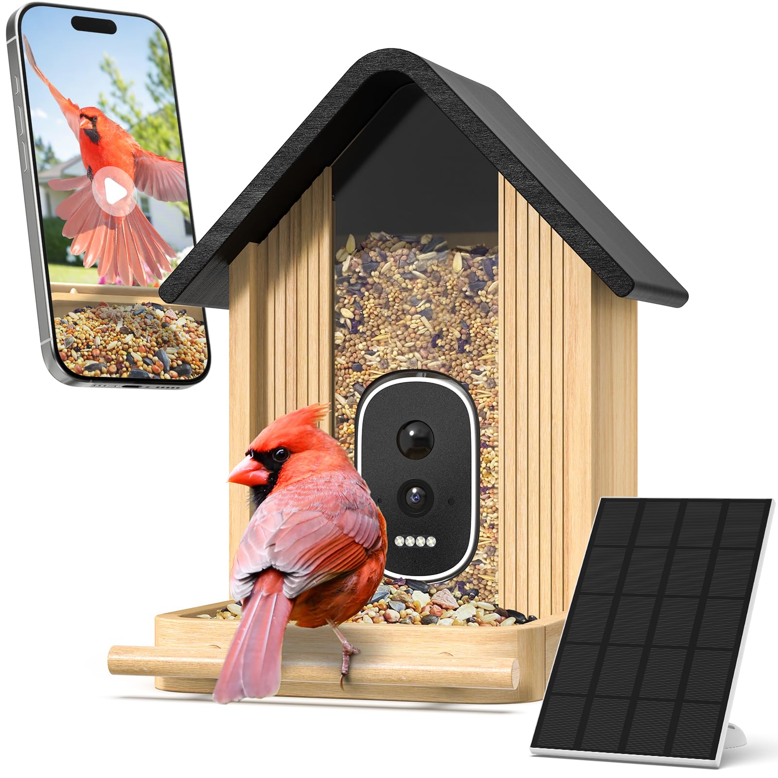Smart Bird Feeder Camera with Solar Panel, Bamboo