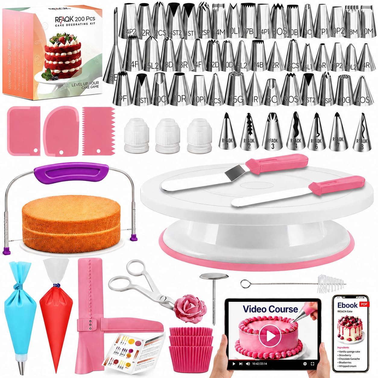 RFAQK 200PCs Cake Decorating Kit with Video Course for Beginners & Pros