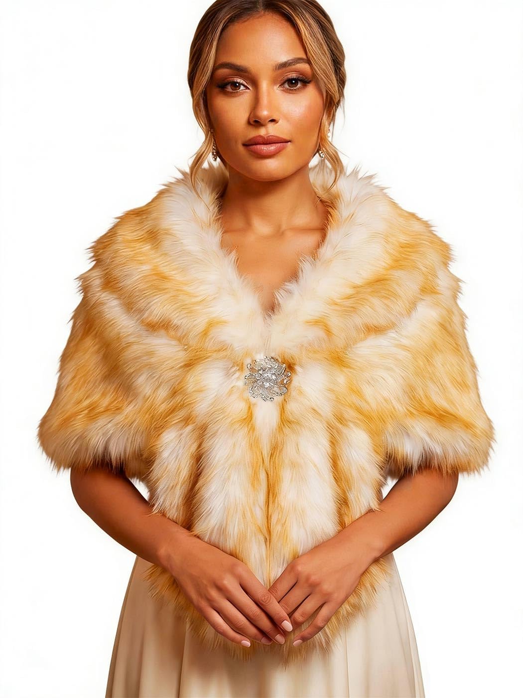 Aukmla Women's Wedding Fur Wraps and Shawls Bridal Fur Stoles Scarf with Rhinestones Brooch for Bride and Bridesmaids