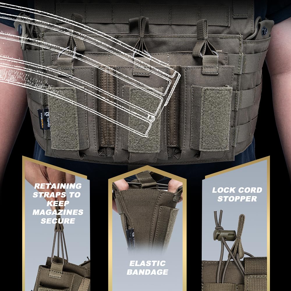 TSPRO Pouch Tattico MOLLE, Militare Triplo Caricatori, Apertura Superiore Aperta con Elastici di Fissaggio per M4, M14, M16, AK e Compatibile con Magazzini di Pistole