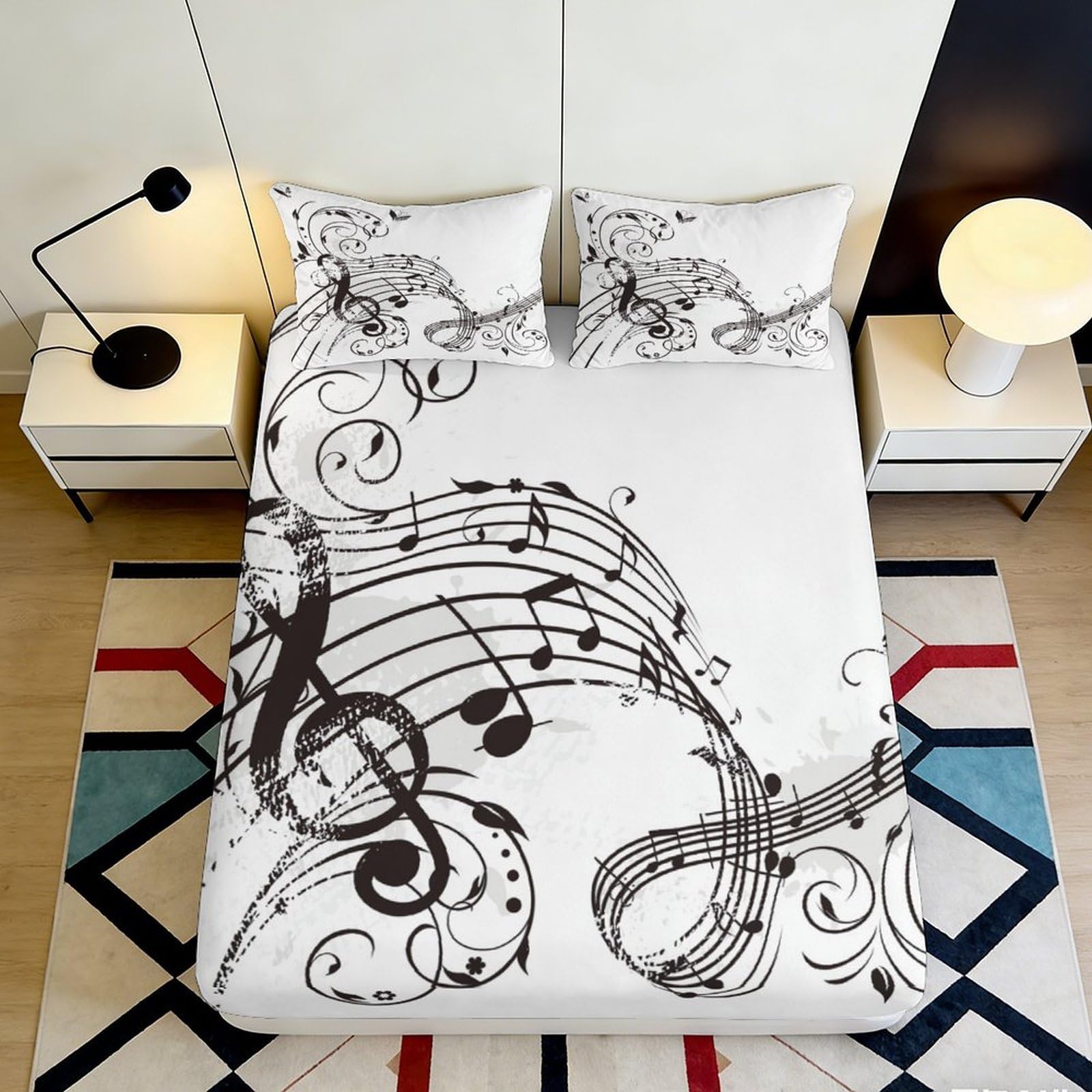 Pnayamiorkfel Style-8 3D Printed Musical Notes Fitted Sheet Microfiber Soft Breathable Swirl Staff Bed Cover For Bedroom Guest Room Decor 90X200x25cm