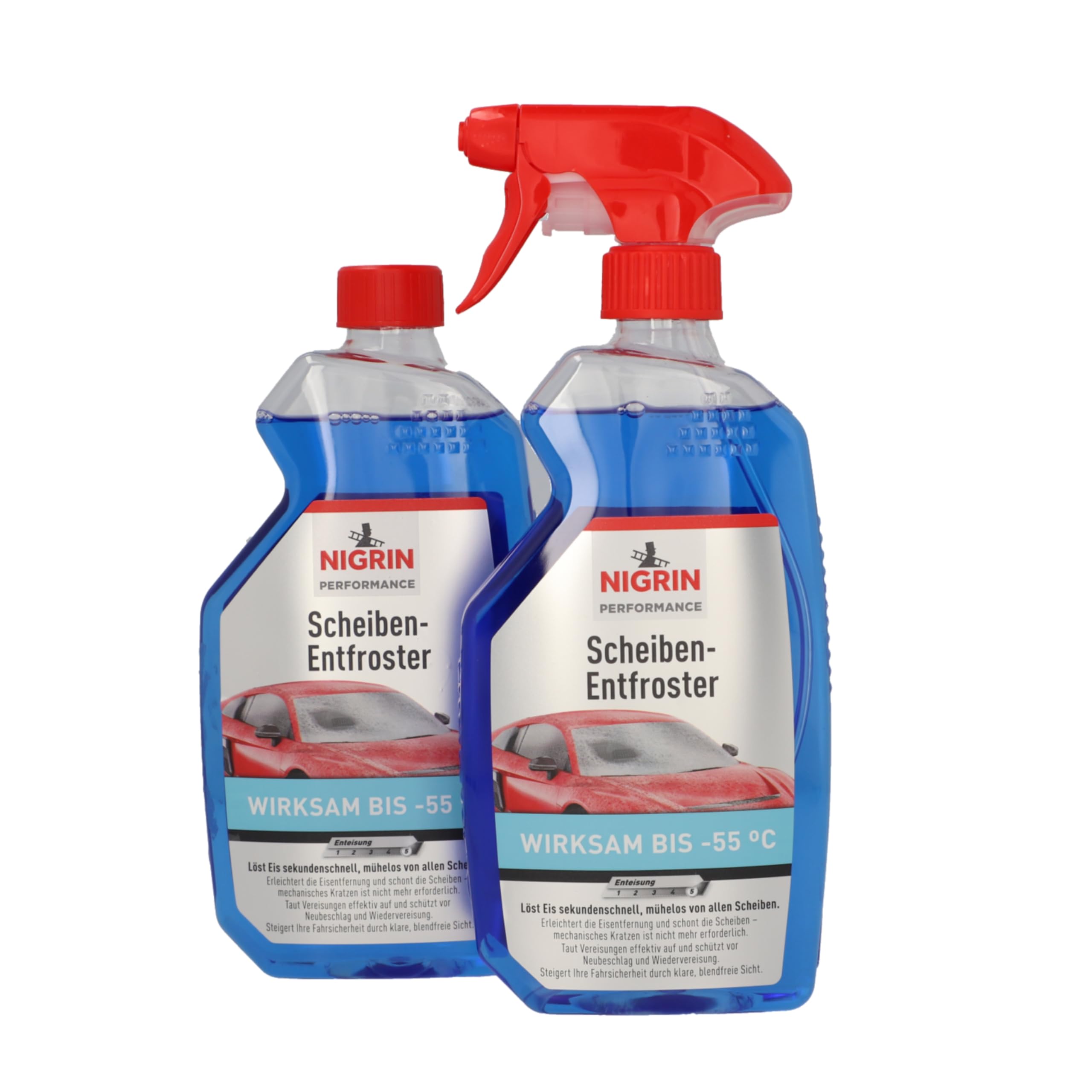 NIGRIN Sprühflasche 1x500ml + 1x500ml Nachfüllflasche, Scheiben-Enteiser-Spray, Pumpzerstäuber, wirksam bis -55° C, verhindert Wiedervereisung