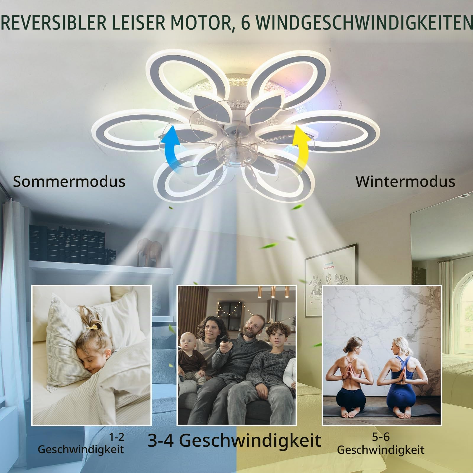 RGB Deckenventilator Mit Beleuchtung 65cm Blume Reversibel Deckenleuchte Mit Ventilator Fernbedienung Leise Dimmbar Smart Deckenventilator Mit Licht 6 Gang Weiß Für Wohnzimmer, Schlafzimmer-White