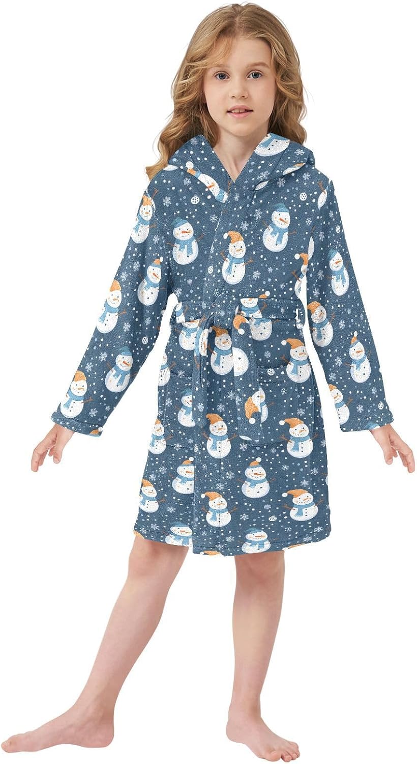 senya Snowman Snowflake Blue Toddler Hooded Bathrobe Kids Soft Plush Bath Towel Robes for Boys Girls 2-12 Years