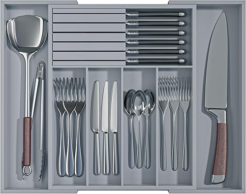 Organizador grande de cajones de utensilios con divisor  Soporte extraíble para cuchillos de cocina, organizador de cubiertos ajustable de bambú