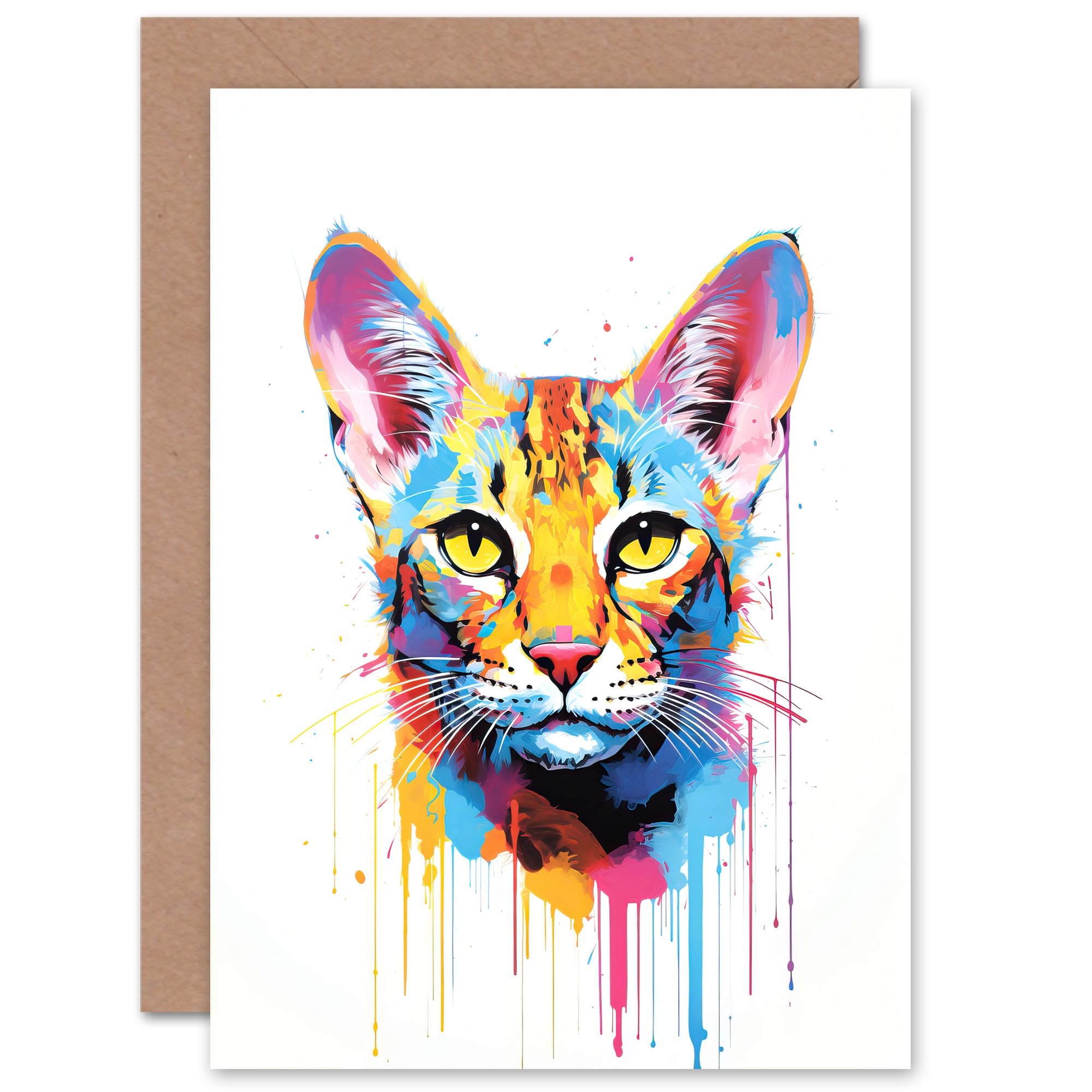 Artery8 Savannah Cat Lover Gift Pet Portrait Orange Blue Pink Artwork Painting Sealed Greeting Card Plus Envelope Blank inside