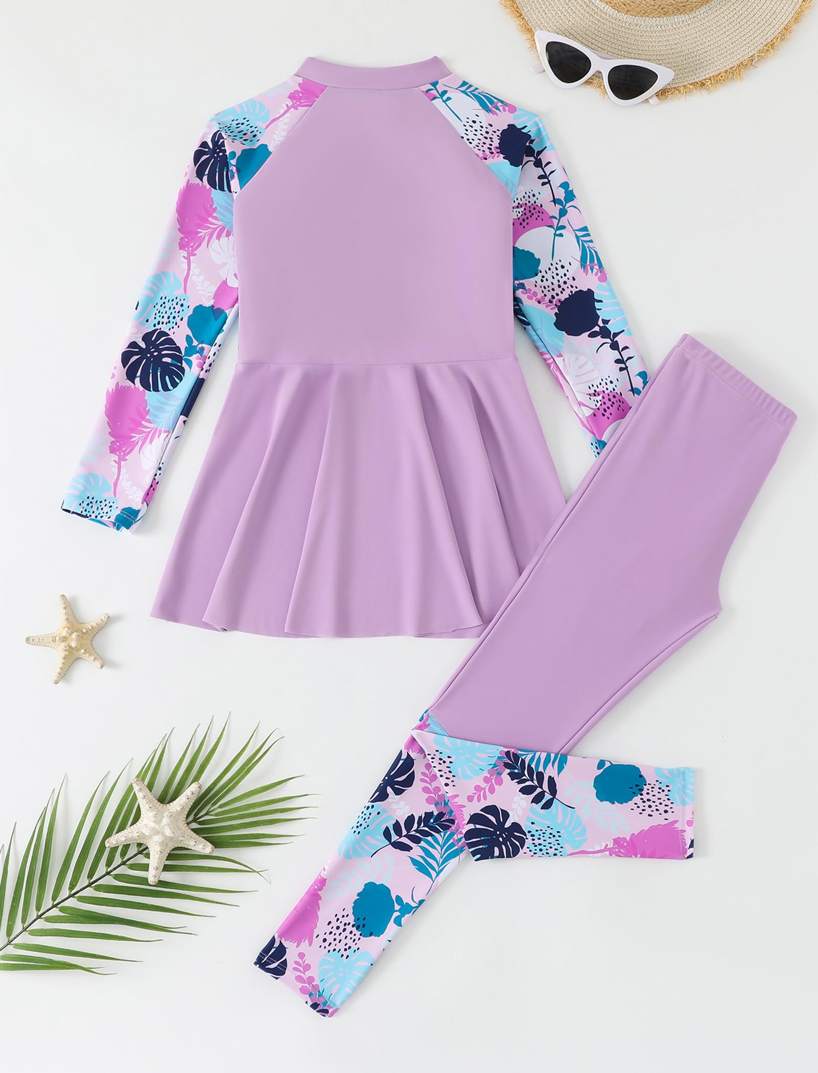 Rashguard-Badeanzug für Mädchen, langärmelig, geteilt, zweiteilig, für Kinder, muslimische Bademode, tropischer Druck