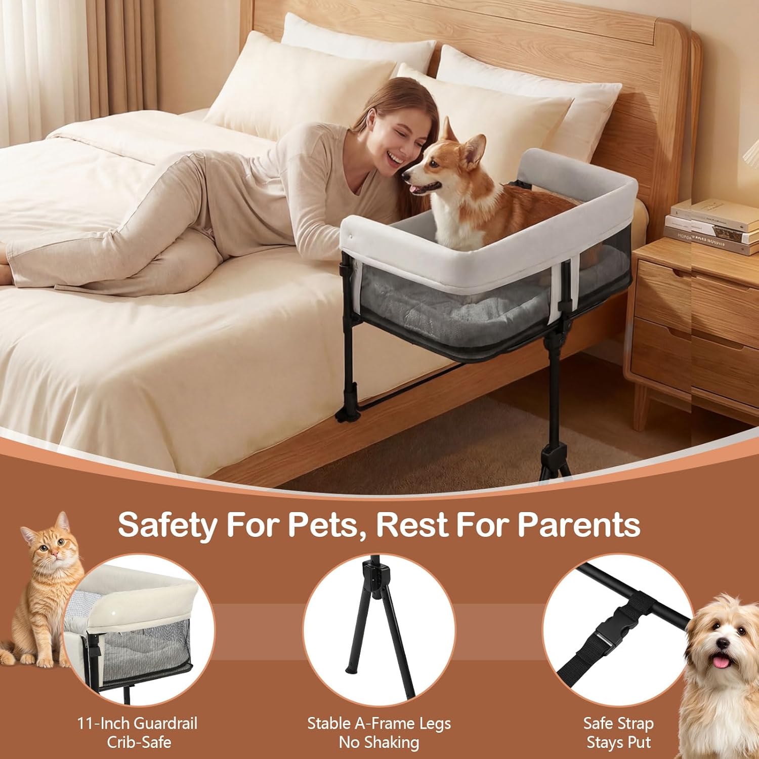 Bedside Dog Bed, Adjustable to Human Bed Height, 11-Inch Guardrail, Foldable & Portable Pet Bed Attachment, Improves Owner's Sleep Quality, for Small/Medium Dogs (<40 LBS) & All Cats