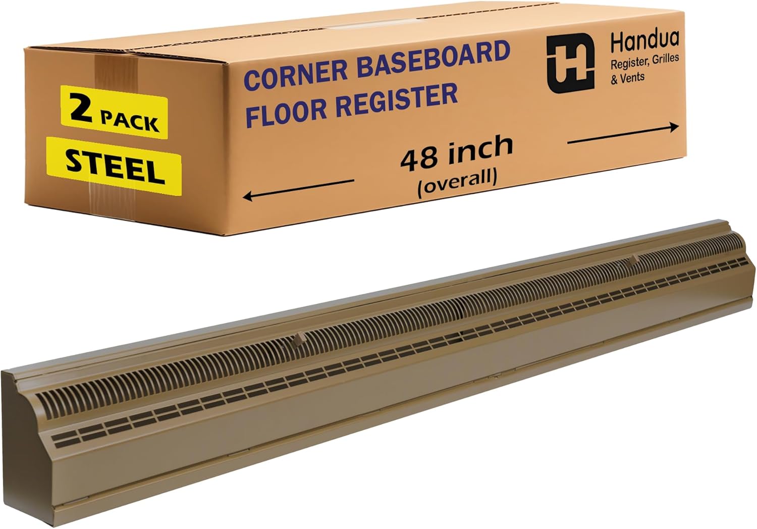 [2 Pack] Fits 48-Inch Baseboard Space | Baseboard Air Register Grille | 48" External Length Vent Cover Grill | Adjustable Lever for Air Flow Control | Removable Faceplate | Brown