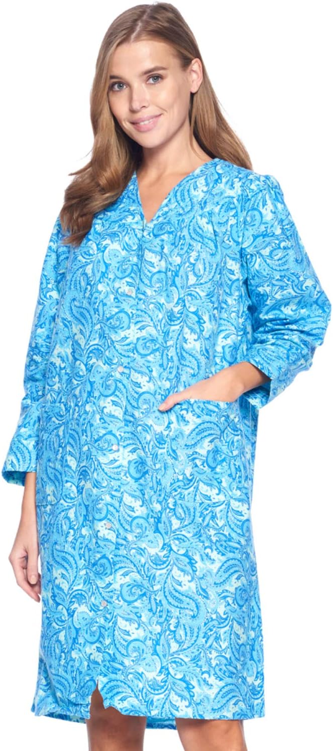 Casual Nights Women's Floral Snap Front Flannel Duster Long Sleeve Lounger Dress