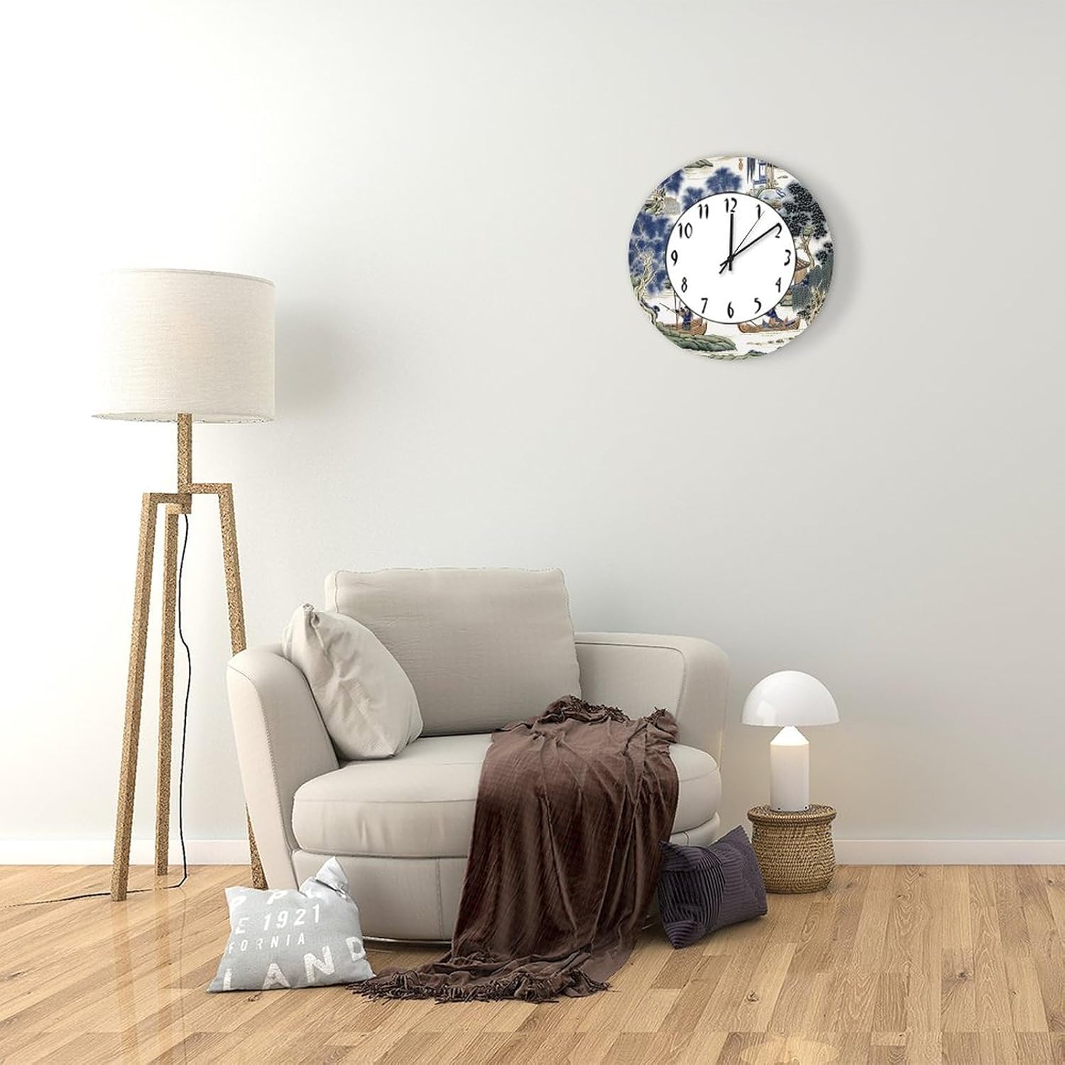 Funny Decorative Wooden Wall Clock 12 Inch,Blue And Green Chinoiserie Pine Tree Chinese Pavilion Silent Non-Ticking Battery Operated Wood Hanging Clock for Home Decor Wall Art Housewarming Gifts