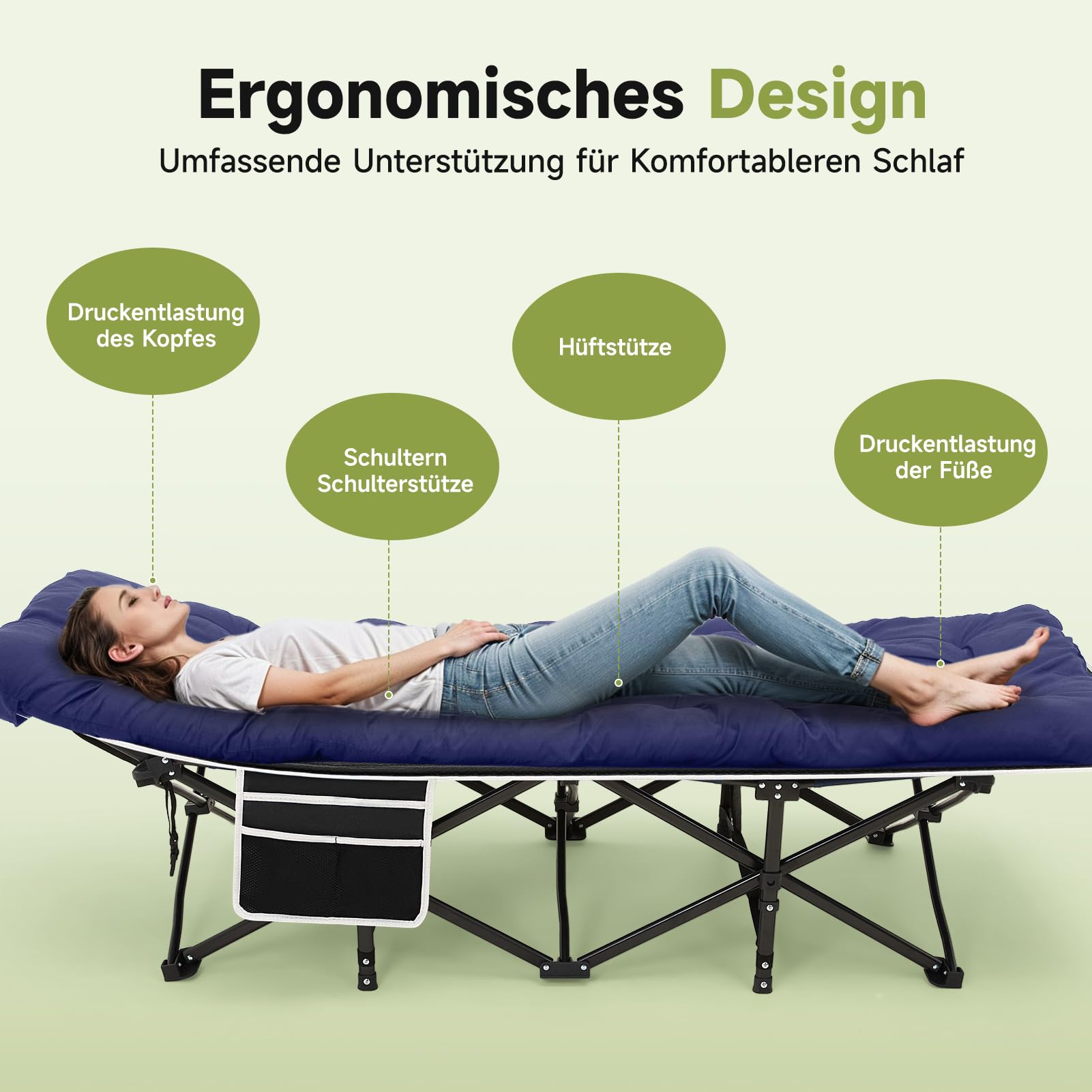 Warmiehomy Letto da campeggio con materasso, lettino da campo con cuscino per adulti, extra largo, pieghevole, XXL, pieghevole, con tasca laterale, portatile, pieghevole, per esterni, colore: blu