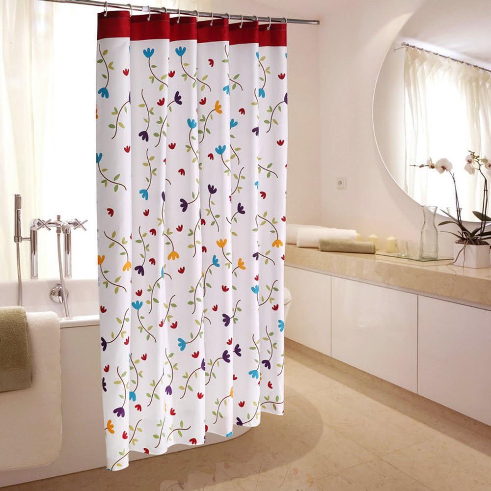 Beautiful Printed Flower Mildew Proof Waterproof Polyester Fabric Shower Curtain with Hooks Red 180x180cm