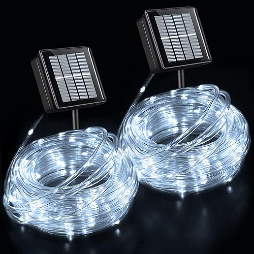 QITONG Guirnalda de luces solares, paquete de 2 tiras de 100 luces LED de 33 pies para exteriores, impermeables, 8 modos de luces de hadas en tubo
