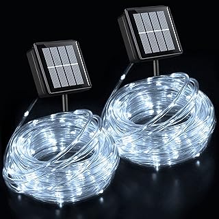Solar Rope Lights Outdoor Waterproof LED, 2 Pack Each 33ft 100L White Solar String Lights, 8 Modes Clear PVC Tube Fairy Lights for Tree Fence Patio Camping Pool Party Weddings Christmas