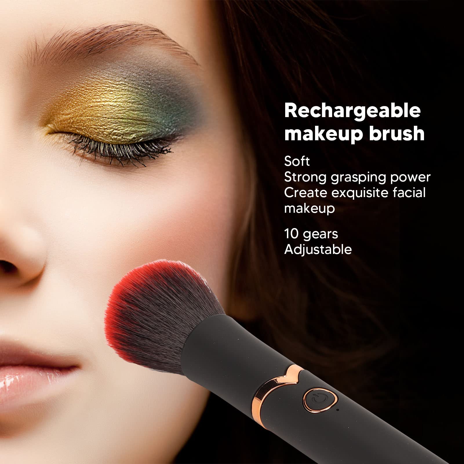 Brosse de maquillage rechargeable, brosse électrique à 10 vitesses pour fond de teint et poudre libre, étanche pour crème liquide (Tête ronde noire)