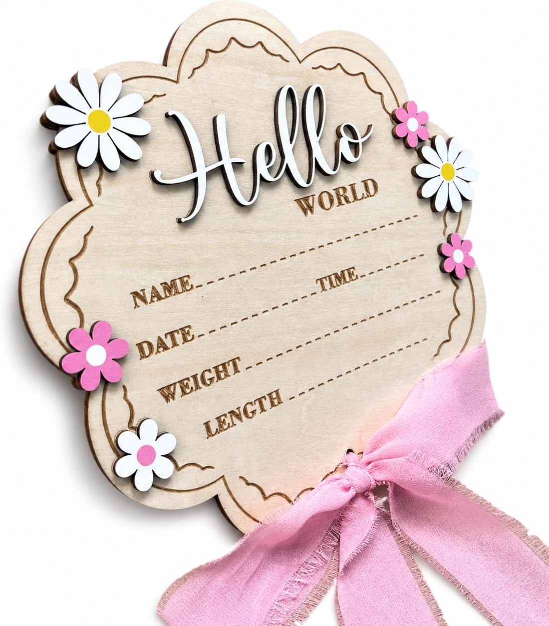 Hello World Baby Announcement Sign 8 Inch, 2-Sided Wooden Newborn Plaque with She's Here Reverse, Pink Daisy Birth Stats Keepsake with Pink Ribbon for Hospital Photo Prop & Nursery Decor