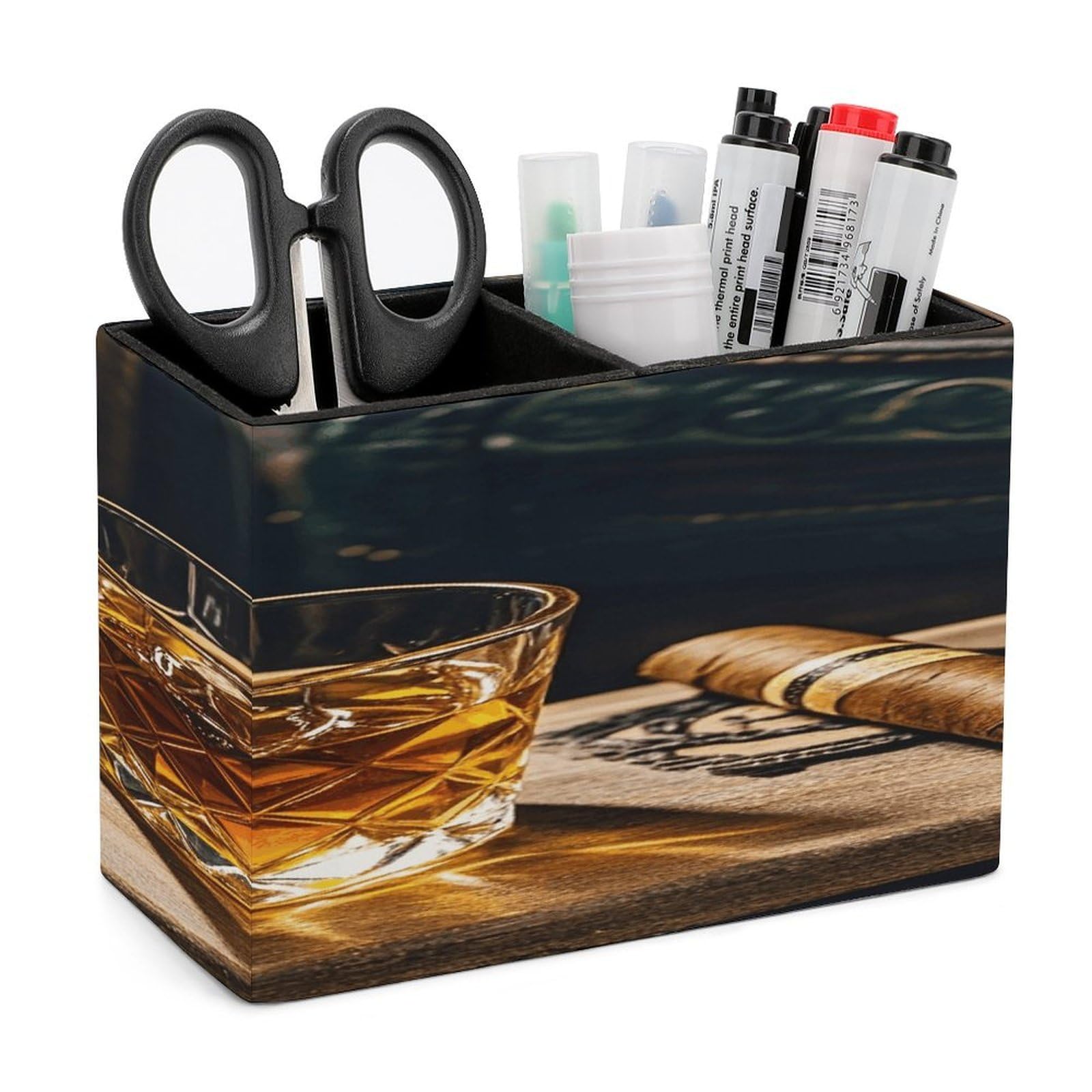 VstaDank Cigar & Whiskey Pencil Holder for Desk Organizer 2 Compartments Pen Cup Leather Square Pen Holder Pencil Cup Stand Makeup Brush Holders for Desktop Organizer Storage Case