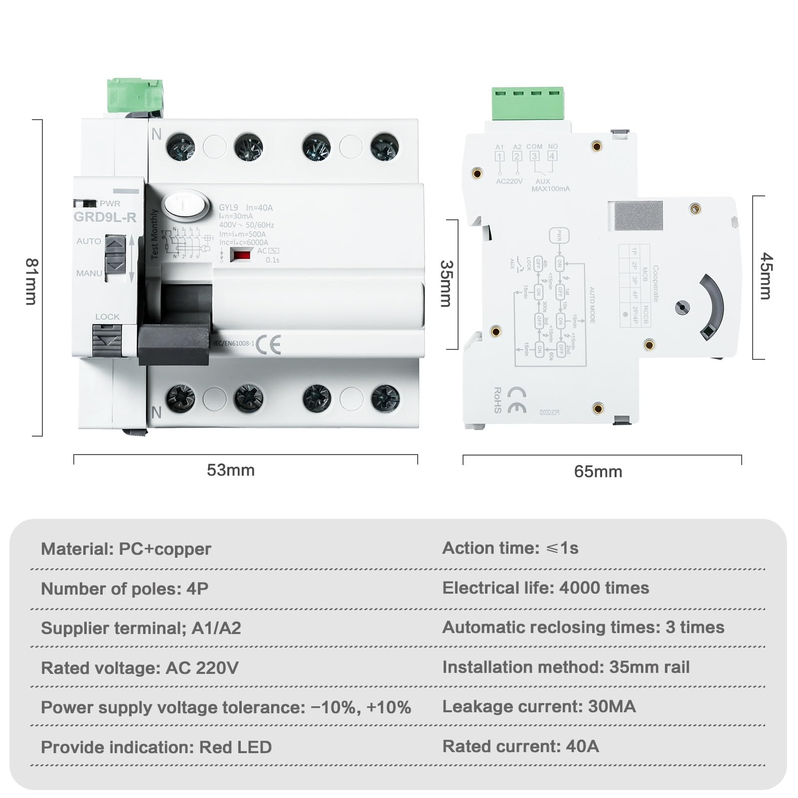 DEWIN Interruttore Differenziale a Riarmo Automatico 40A 30mA Salvavita Riarmo Automatico Interruttore Differenziale Salvavita RCCB 4P AC400V