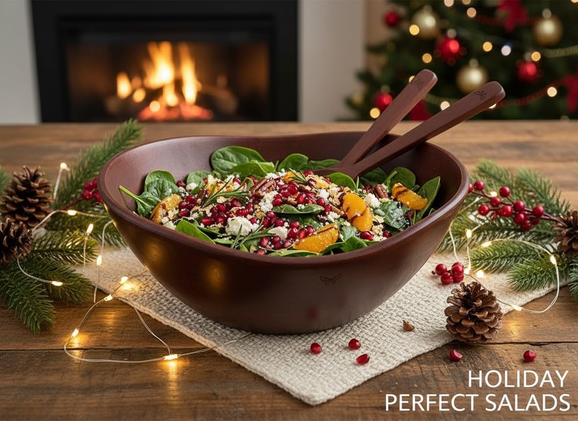 Melvvi Large Wooden Salad Bowl Set with 2 Serving Utensils | 12" Acacia Wood Royal Brown color Bowls for Food | Great Gift for Mothers Day (Royal Set of 3)