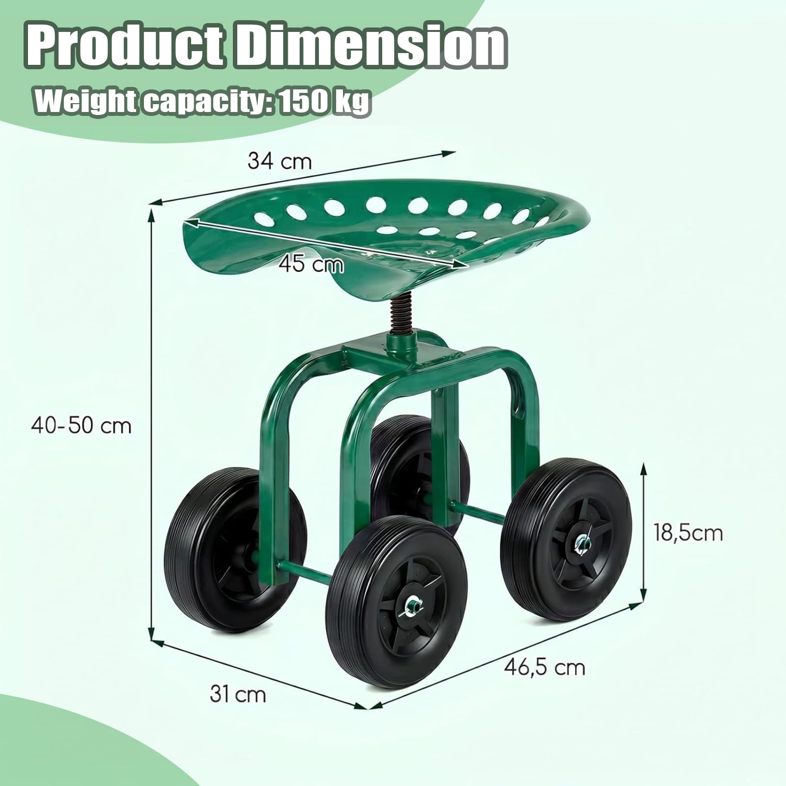 SOARS Siège Roulant de Jardin Pivotant à 360° et Réglable en Hauteur de 40 à 50 CM, Tabouret de Jardinage avec Large Assise, Charge Maximale 150 KG, pour Jardinage et Entretien (Vert)