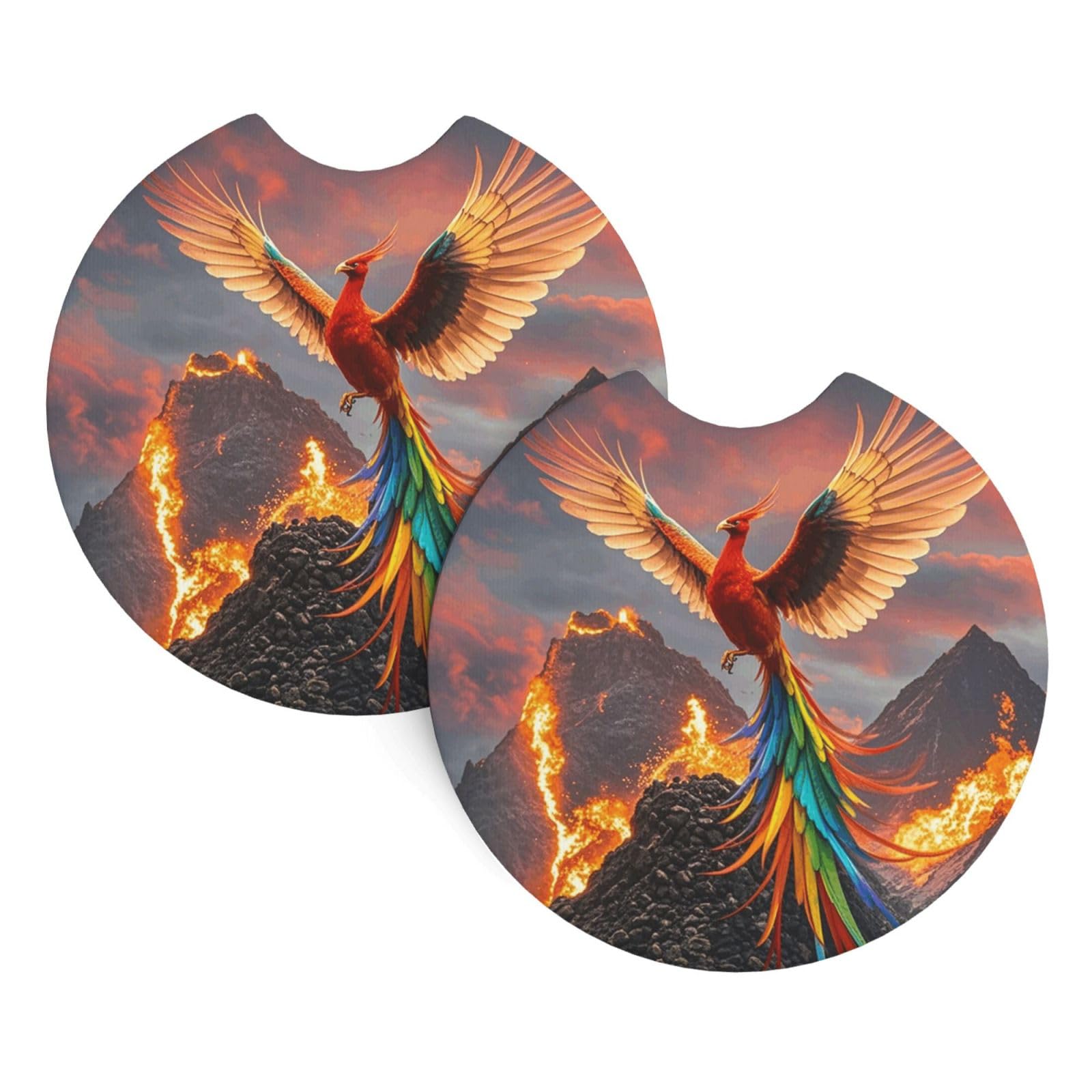 2PCS Car Coaster for Cup Holders Universal Auto Cup Mat Phoenix and Fire Cup Coaster Pad 2.7" Waterproof Neoprene Non-Slip Cup Holder Coasters Car Interior Accessories for Women Men
