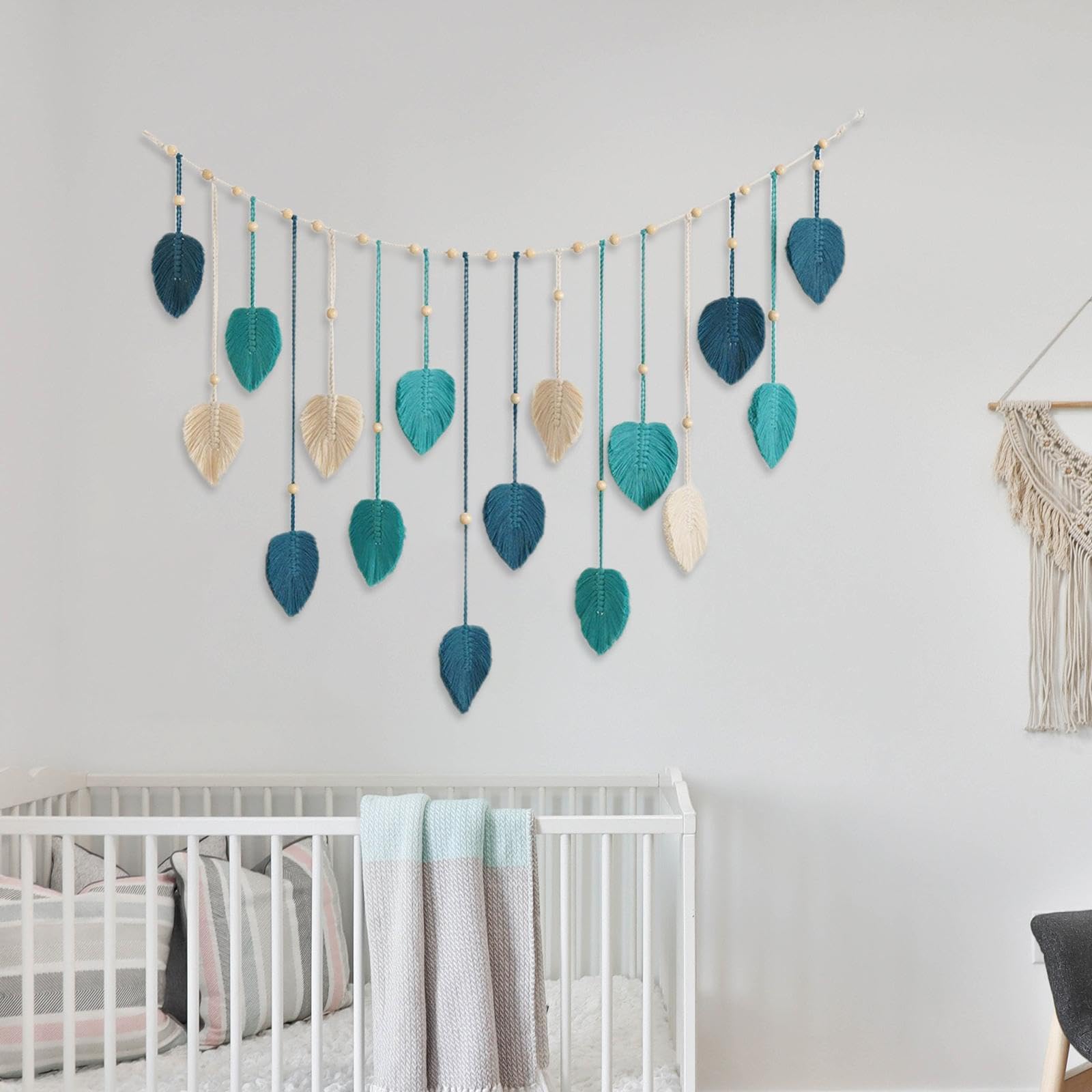 F Fityle Boho Makramee Wandbehang Blätter, Schicker Gewebte Wandteppich, Boho Wanddeko Quaste, Baumwolle Makramee Wandkunst für Wohnzimmer, Schlafzimmer, Büro, Hochzeit, Party Dekoration, Blau