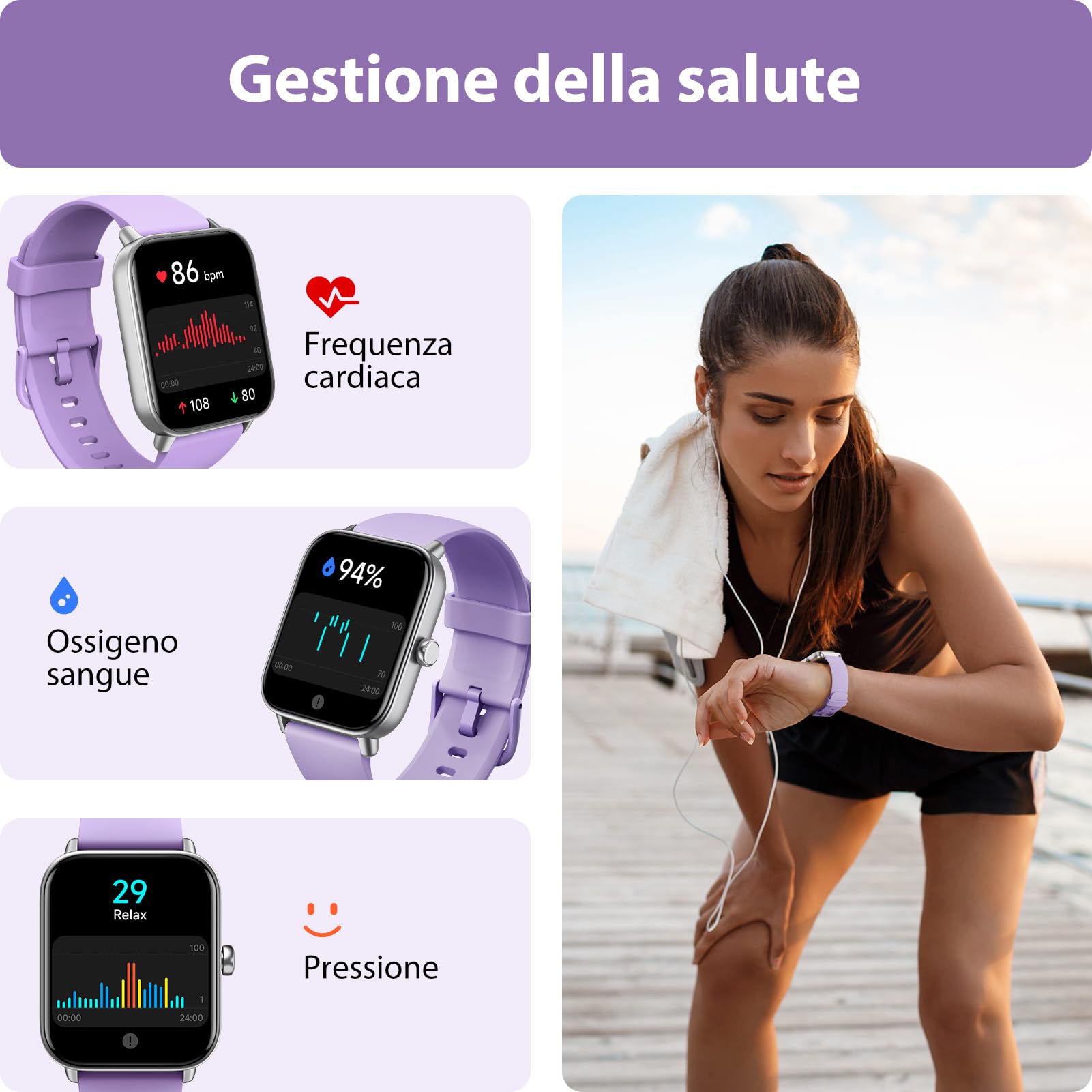 Smartwatch Uomo Donna Rispondi/Effettua Chiamate, 1.8" Orologio Alexa Integrata, SpO2/Frequenza Cardiaca/Sonno/Stress, 100+ Sports, Contacalorie/Passi, IP68 Smart Watch per Android/iOS (Viola, 1.8)
