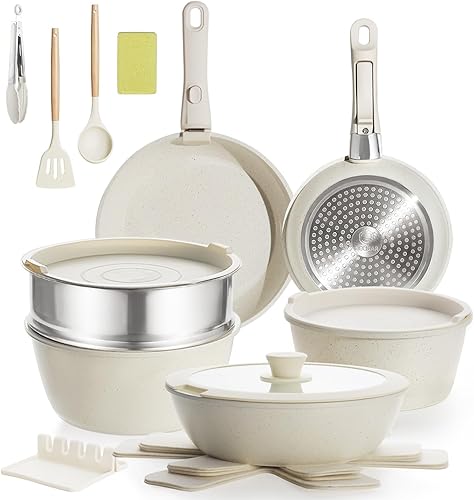 Juego de utensilios de cocina de cerámica antiadherente de 21 piezas con mango desmontable, sartenes y ollas, juego de utensilios de cocina para