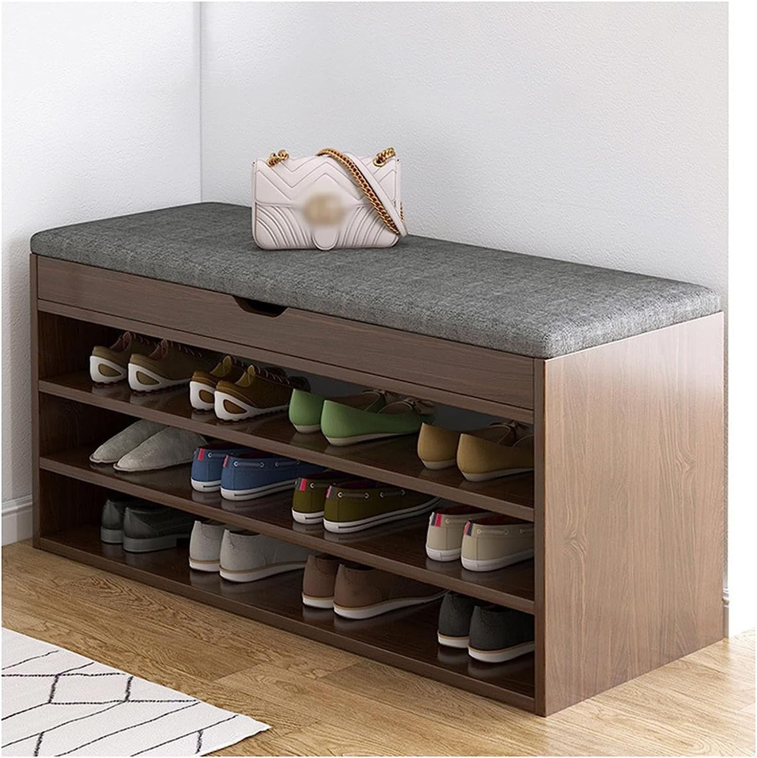 Meuble à chaussures moderne en noyer à 3 niveaux avec banc d'entrée et tiroirs de rangement