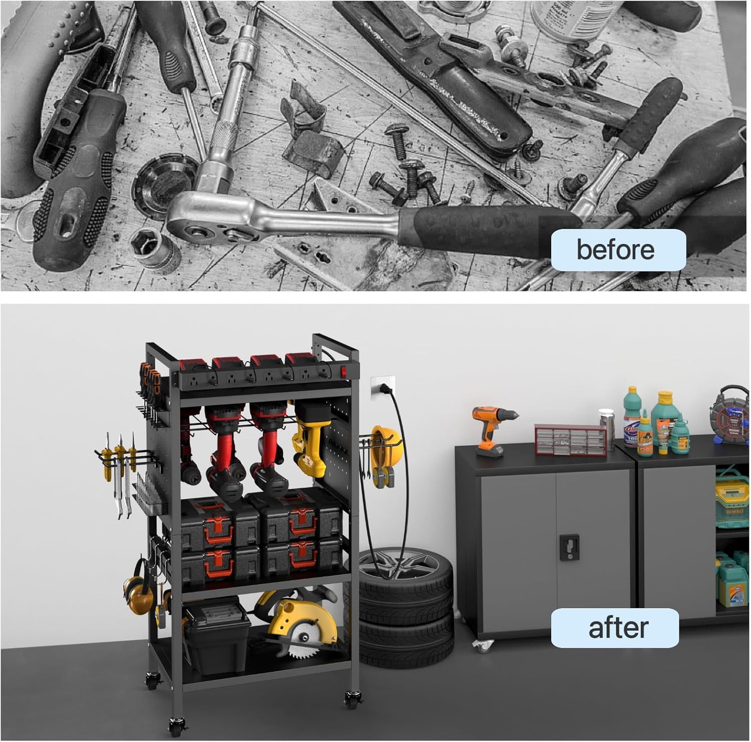 Power Tool Organizer Cart with Charging Station, 4-Tier Rolling Tool Cart for Garage Storage,Heavy-Duty Floor-Standing Storage Rack with 8-Outlet Power Strip,Supports 500 lbs