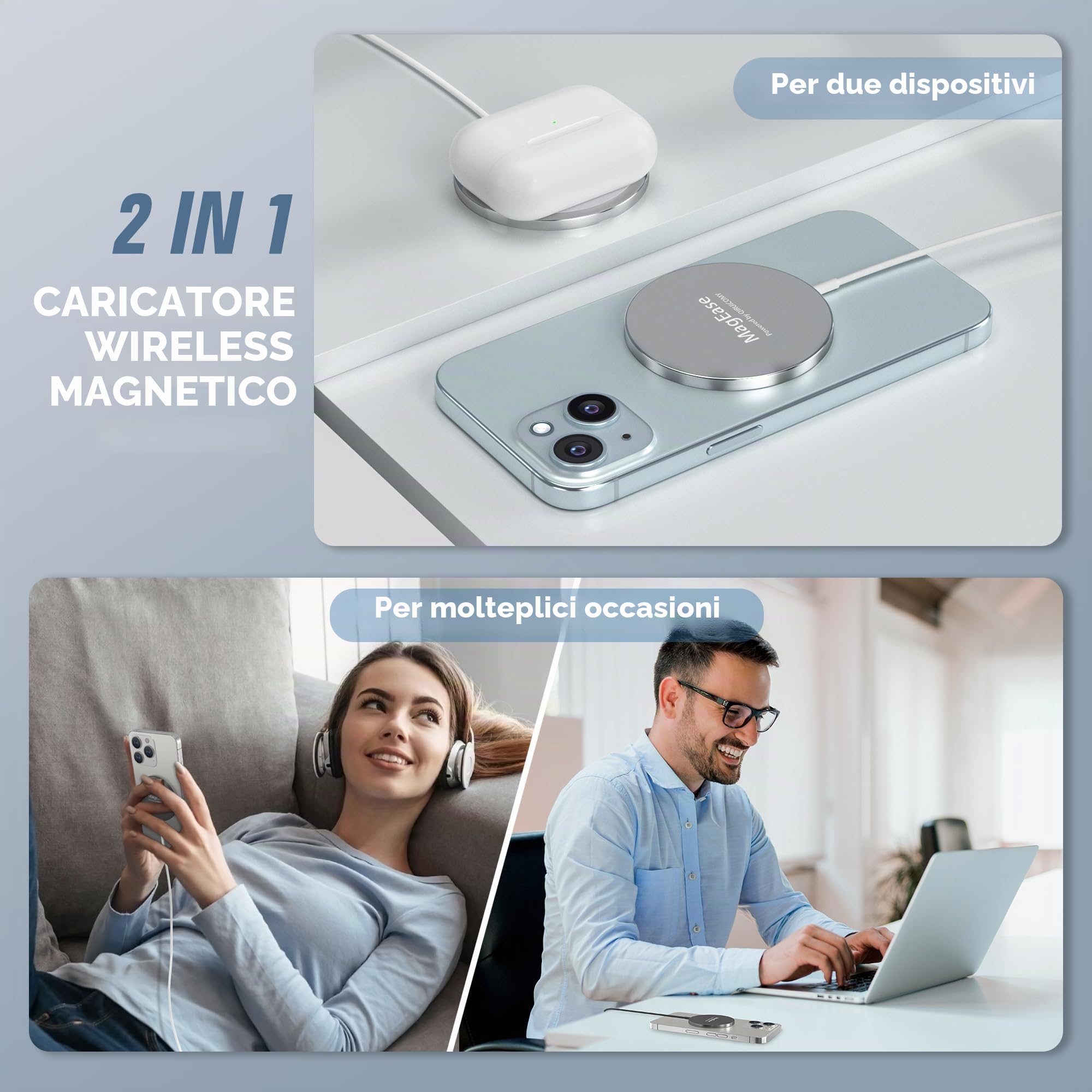Caricatore Wireless Magnetico 2 in 1 – Design Ultra Sottile in Lega di Alluminio Compatibile con iPhone 16/15/14/13/12 (tutti i modelli) e AirPods 4/3/2/Pro (Bianco)