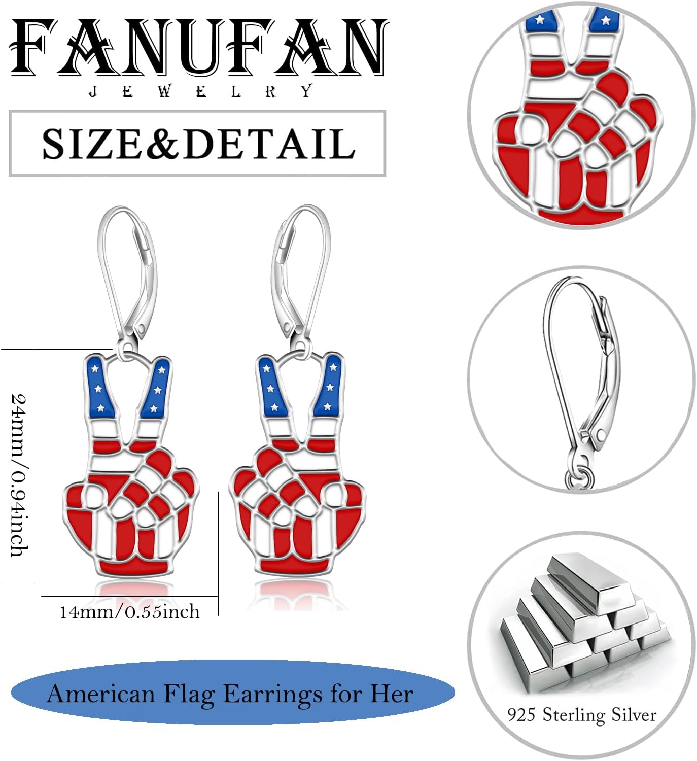 4th of July Earrings American Flag Dangle Earrings 925 Sterling Silver Leverback Earrings Patriotic USA Jewelry Independence Day Gifts for Women - Image 2