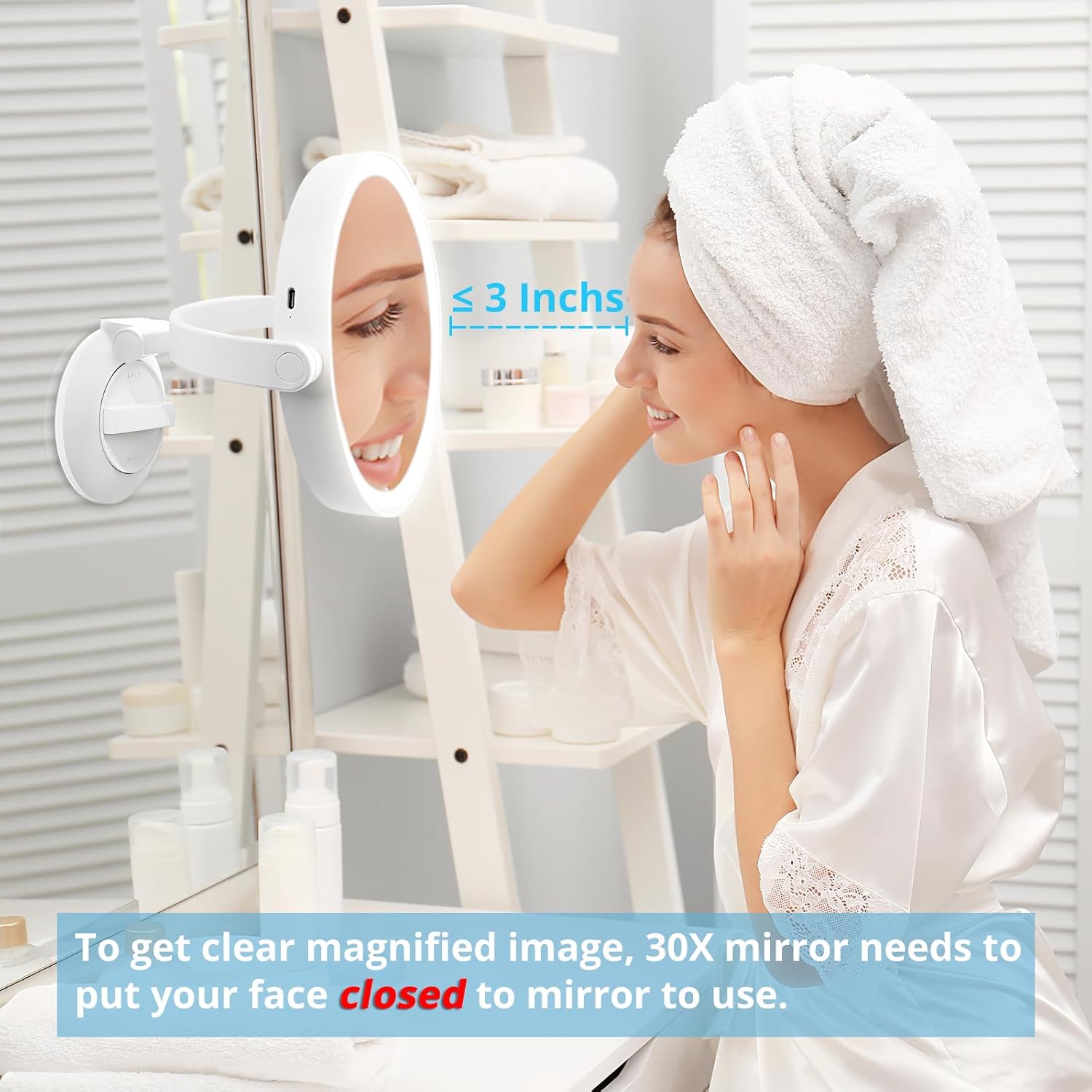 Fabuday Wall Mounted Magnifying Makeup Mirror with Lights - 1x/30x Double Sided Lighted Magnification Mirror with Suction Cup, Rechargeable Mirrors with Extended Arm, 3 Color LED Lighting, 7 Inch