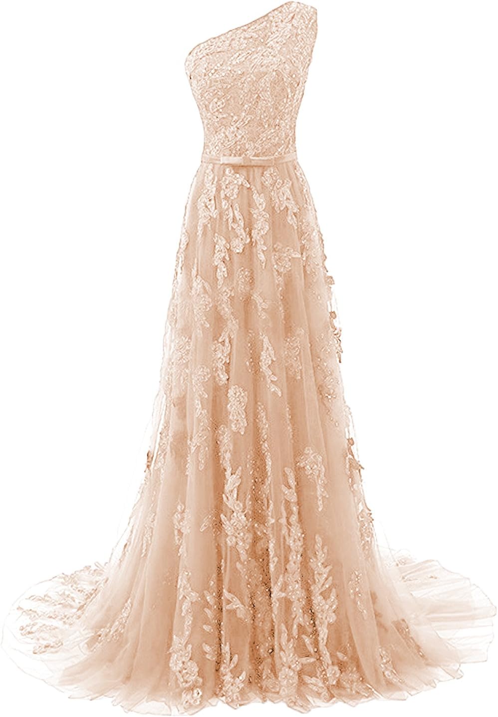 HEIMO Women's One-Shoulder Floral Sleeveless Long Gown Dress, Champagne, 10