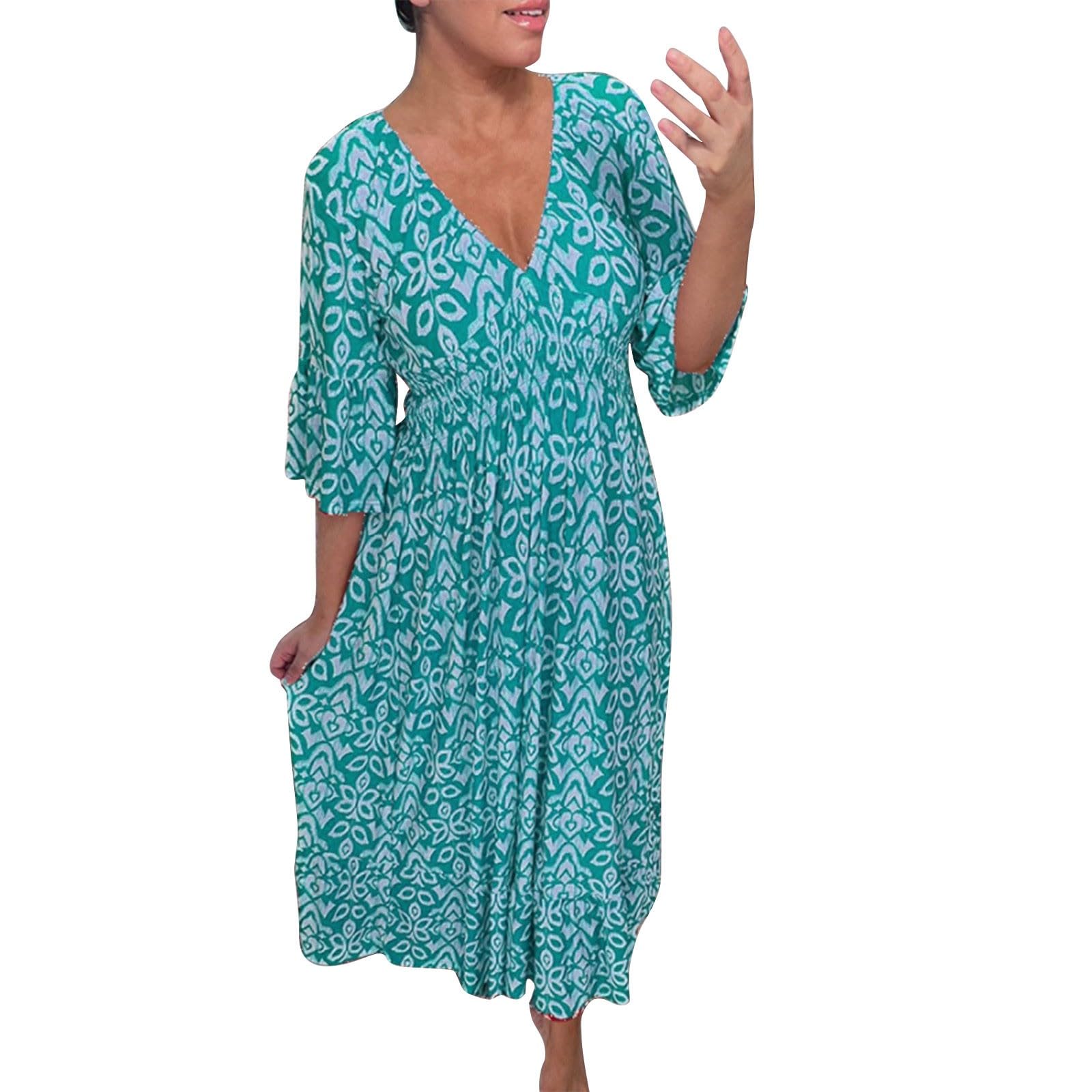 NREALYEmily Charm Dresses for Women 2024 Casual Plus Size Boho Maxi Dress Women 3/4 Sleeve V Neck Dress