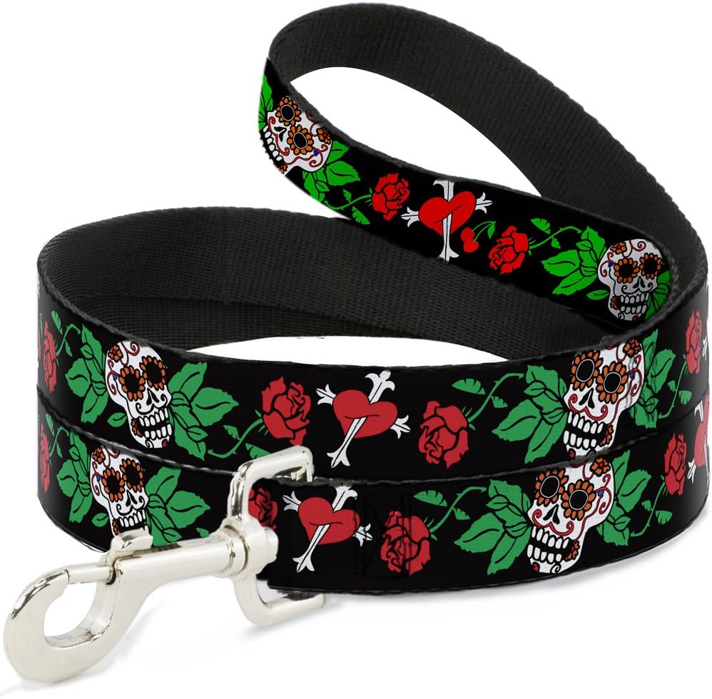 Dog Leash Sugar Skull Roses Heart 6 Feet Long 1.0 Inch Wide