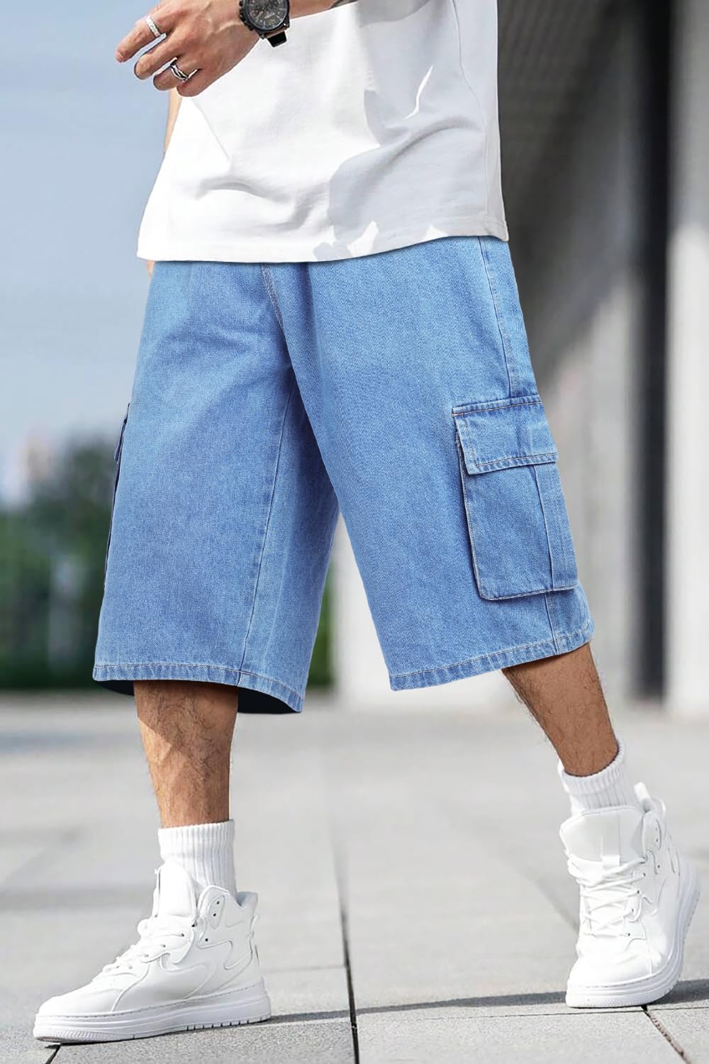 Men Baggy Jean Shorts Streetwear Long Jorts Men Cargo Drawstring Denim Shorts Straight Leg 32 - Image 7