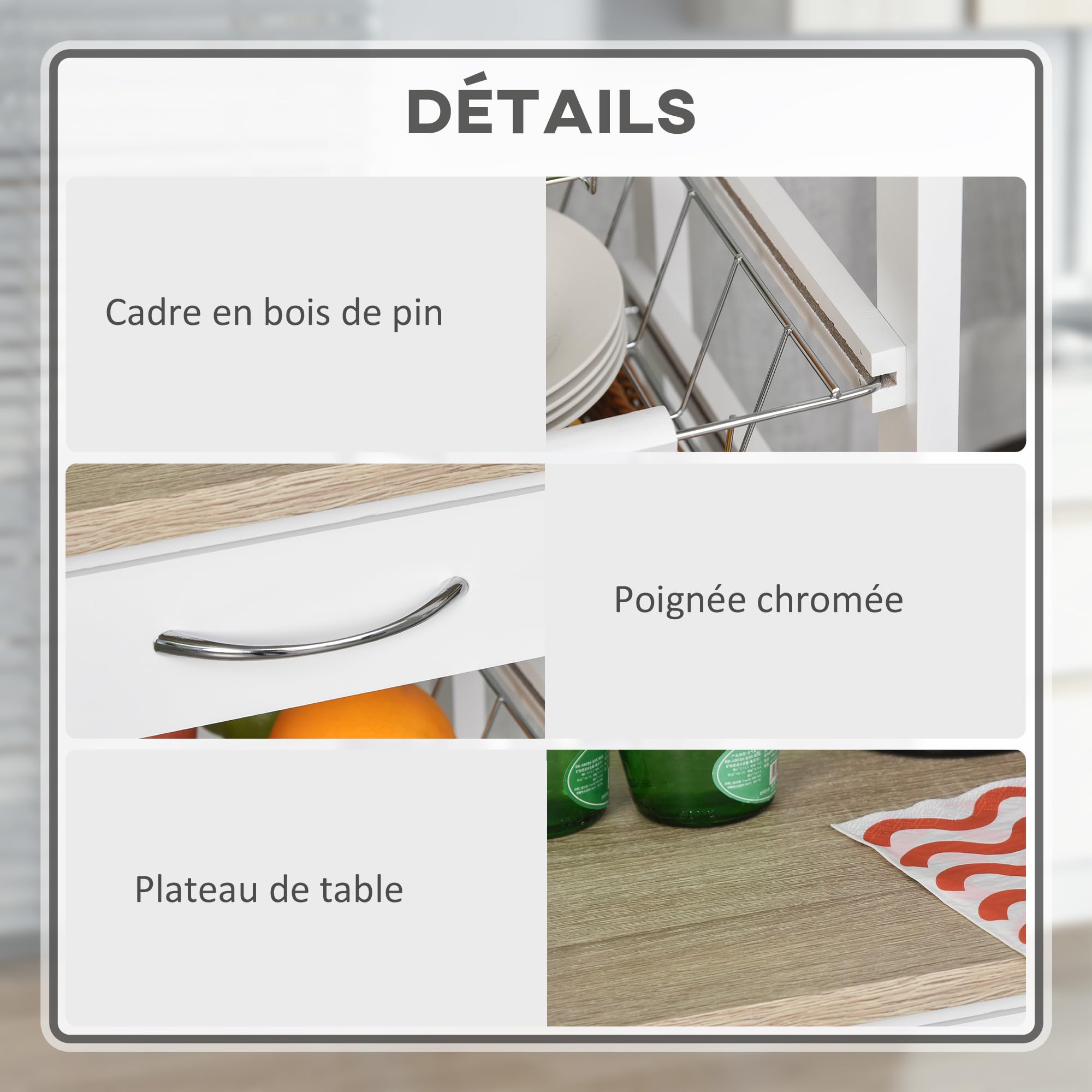 HOMCOM Desserte Cuisine à roulettes, 4 Paniers Métal + Tiroir, Blanc | Chariot de Cuisine, Chariot de Service, Rangement Légumes, Petit Espace, Salle de Bain, Bois de Pin