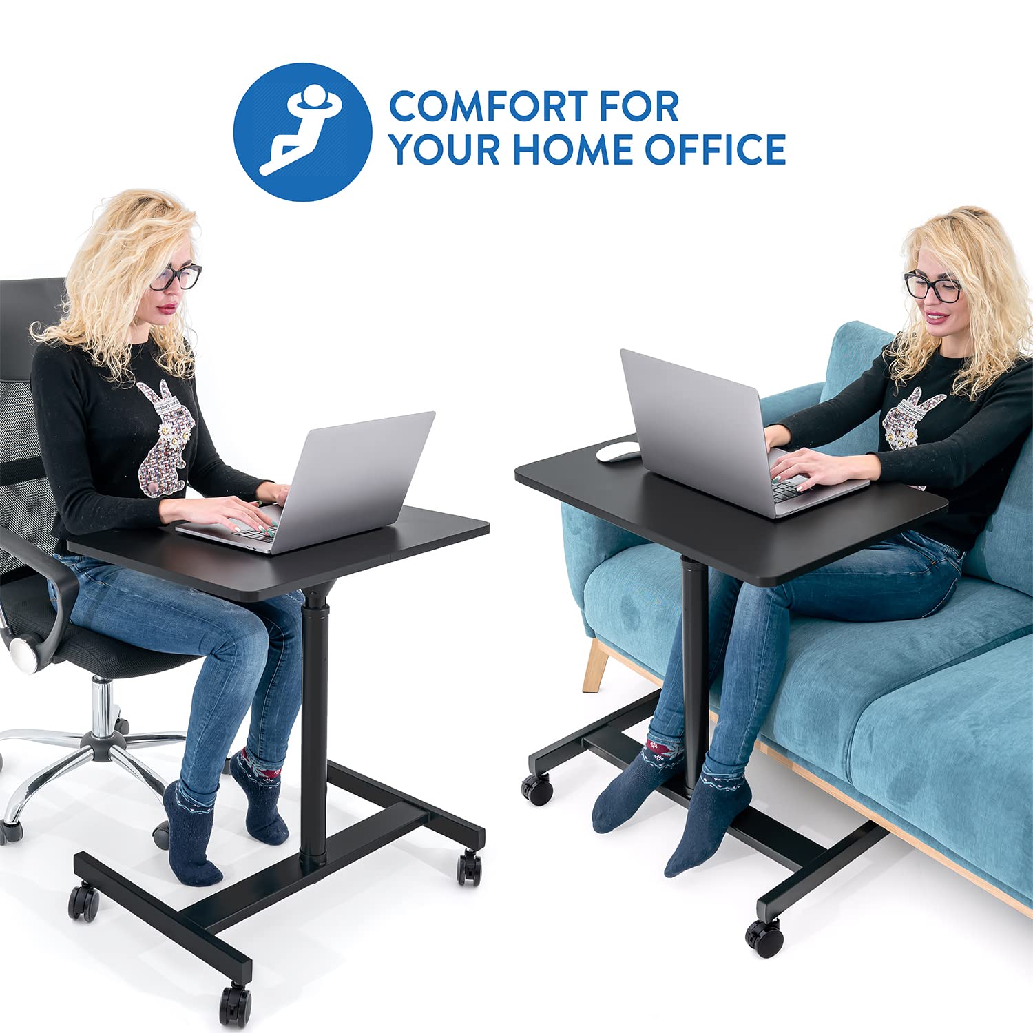 Tatkraft Focus - Laptoptisch Höhenverstellbar, 74-114 cm, Airlift Pneumatischer Sitz-Steh, mit Rädern, große Tischplatte Geeignet bis 19” Laptops